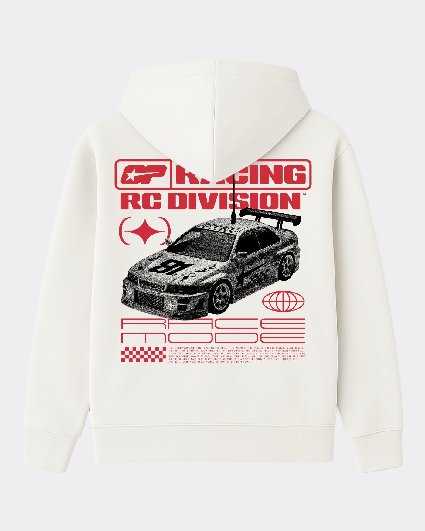 81 CLUB Origins Hoodie - Off White featuring an RC car design and logo on the back.