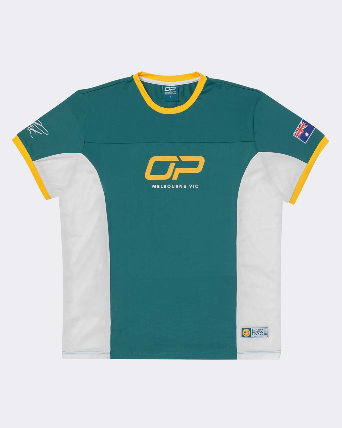 Home Race '26 Jersey in Aussie green and gold with ribbed collar and OP smiley branding.