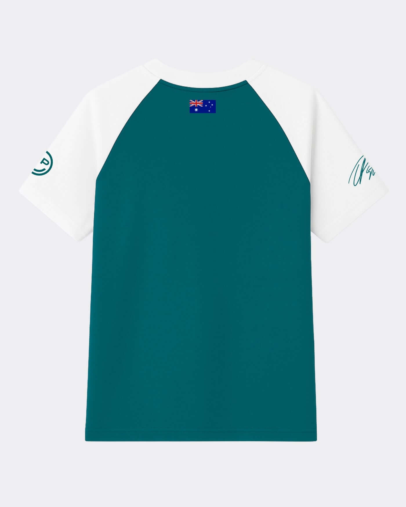 Back view of Home Race '26 T-Shirt - Green featuring raglan sleeves and Australian flag detail.