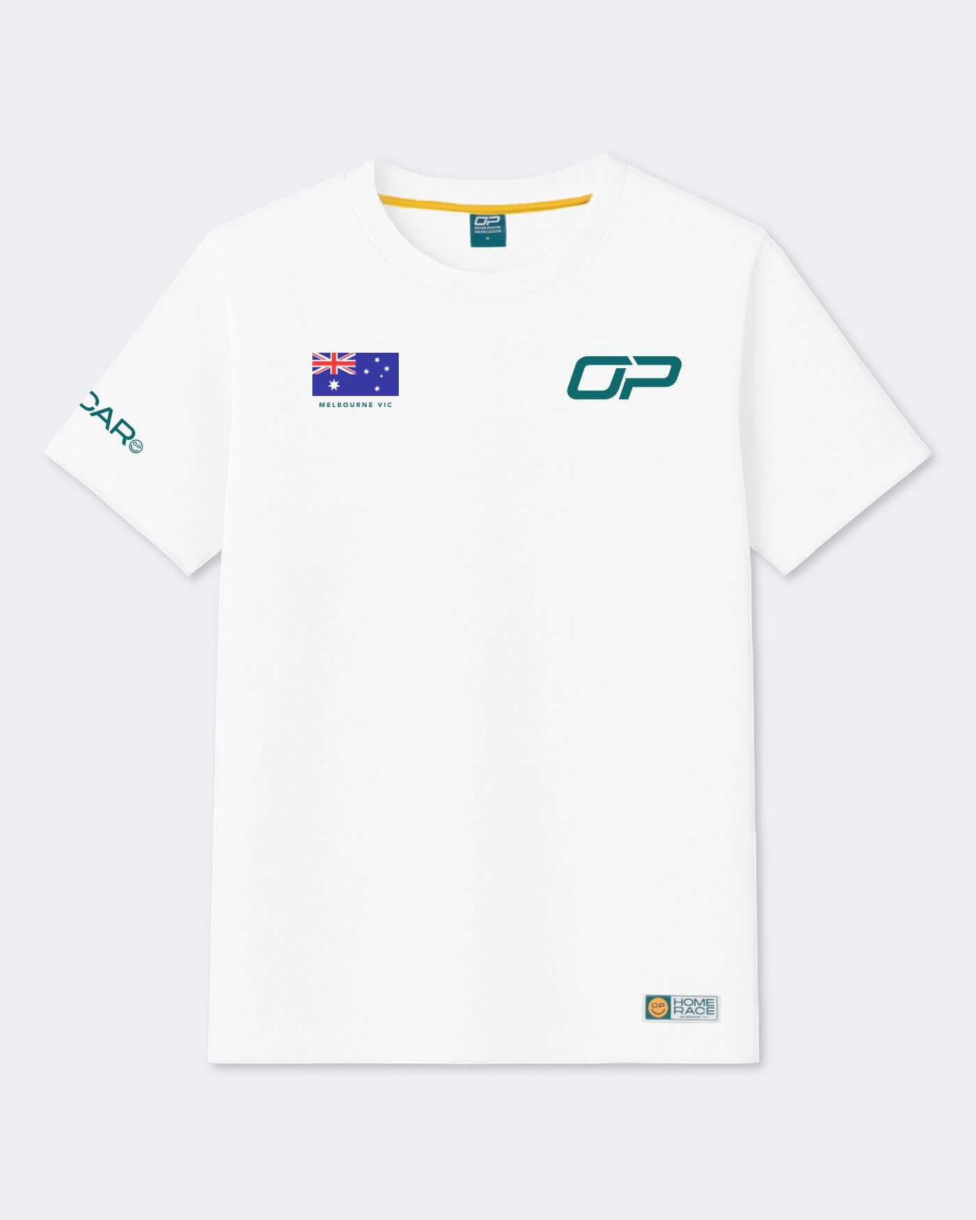 Home Race '26 T-Shirt - White featuring green and gold detailing and the OP smiley icon.
