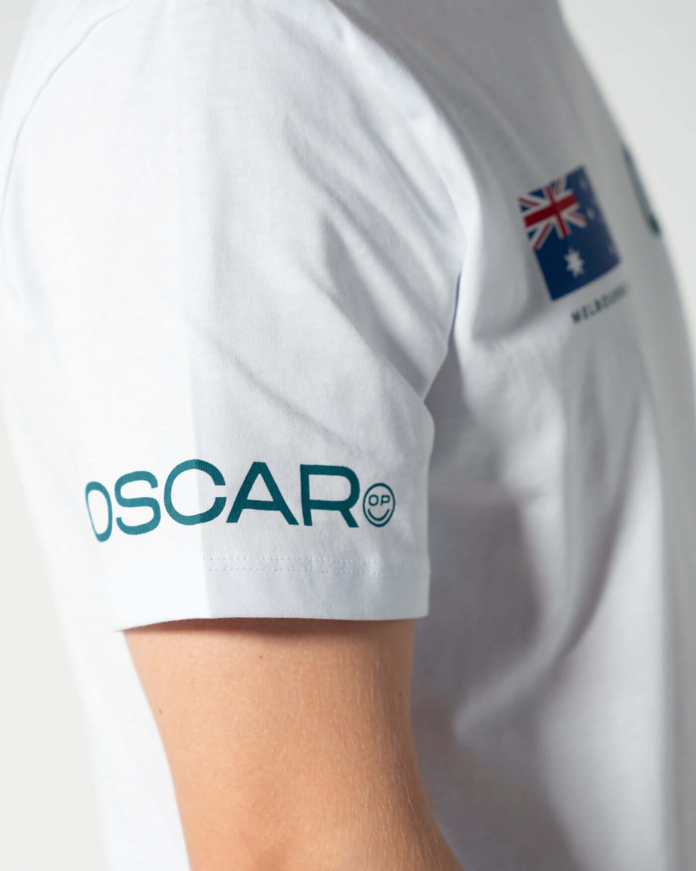 Home Race '26 T-Shirt - White showcasing Oscar Piastri branding and Australian flag details.