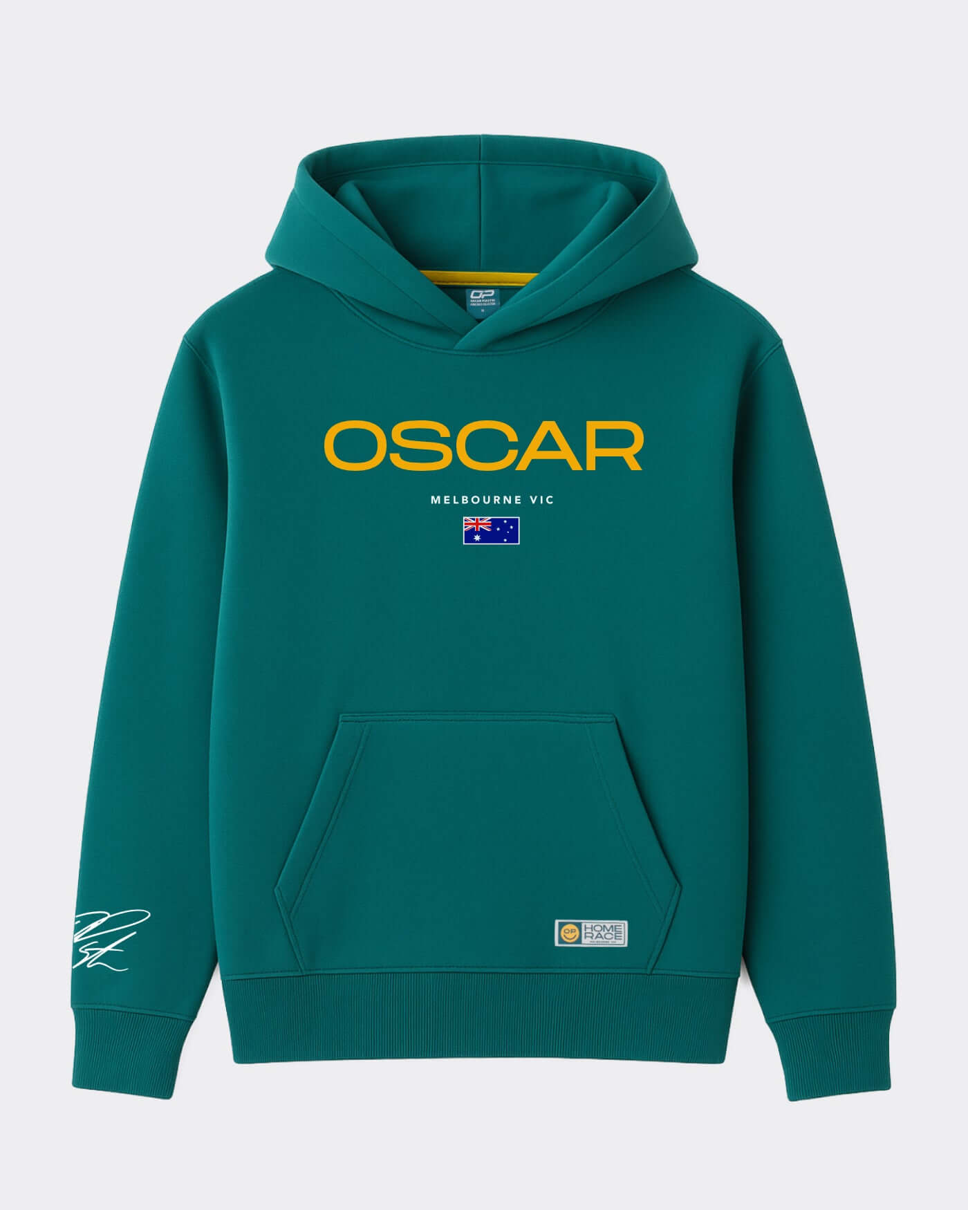 Home Race '26 Hoodie - Green featuring a kangaroo pocket and OP smiley detail.