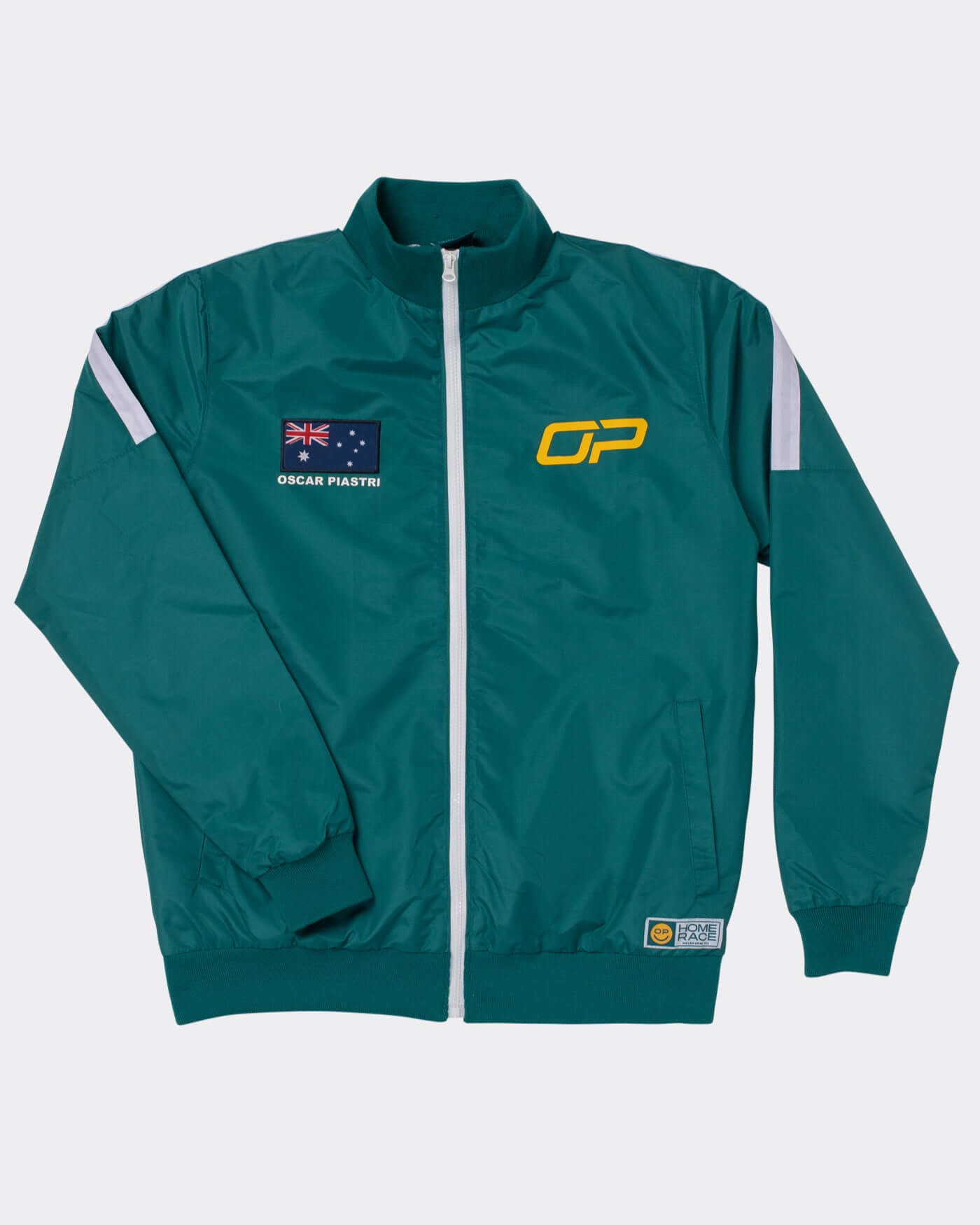 Home Race '26 Race Jacket in green and gold with Aussie pride and motorsport edge, featuring OP smiley accents.