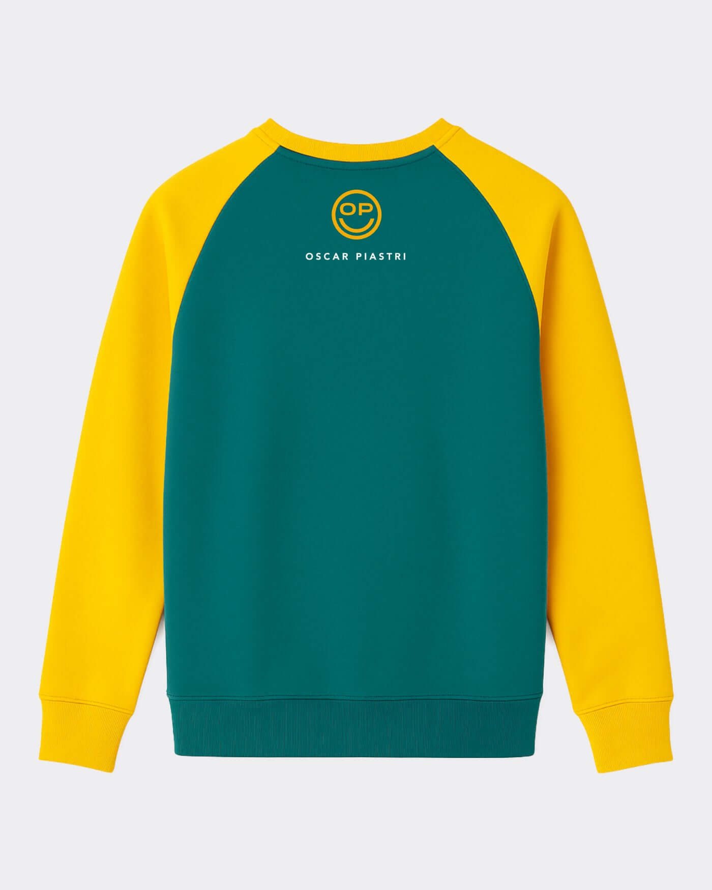 Back view of Home Race '26 Sweater with green and gold design and OP smiley print by Oscar Piastri.