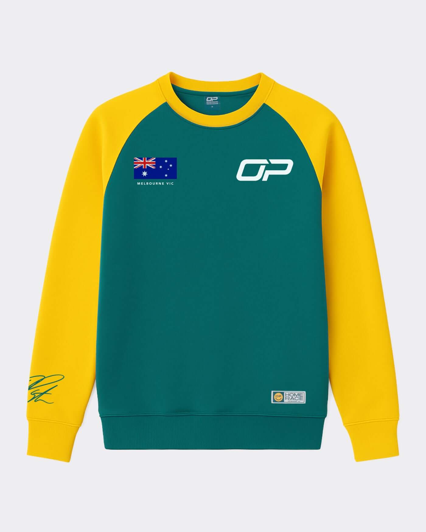 Home Race '26 Sweater in green and gold with Australian flag and OP logo for a cozy, stylish look.