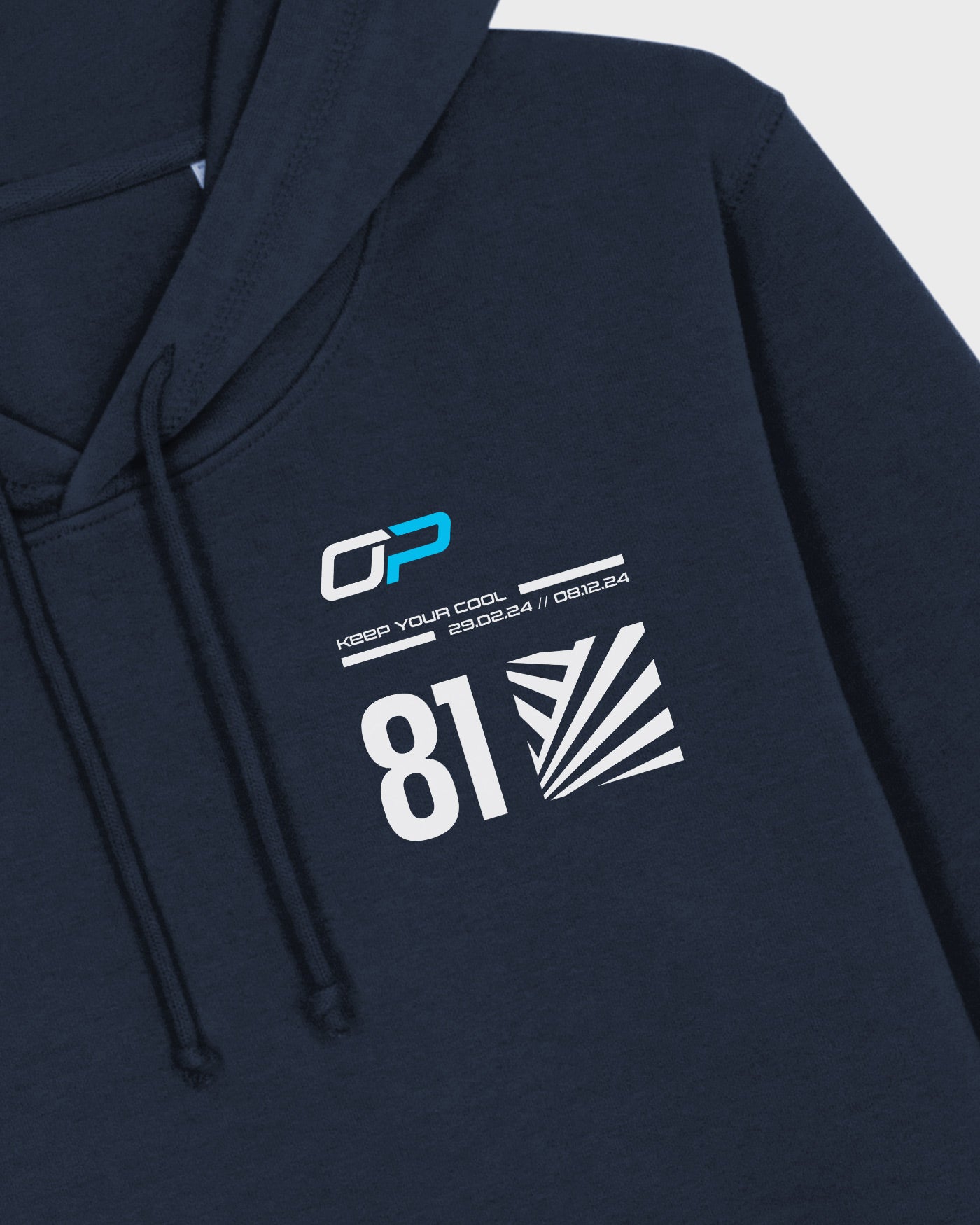 Navy "Keep Your Cool" hoodie with OP logo, F1 2024 season dates, racing number 81, and dazzle effect inspired by Oscar Piastri's race helmet.