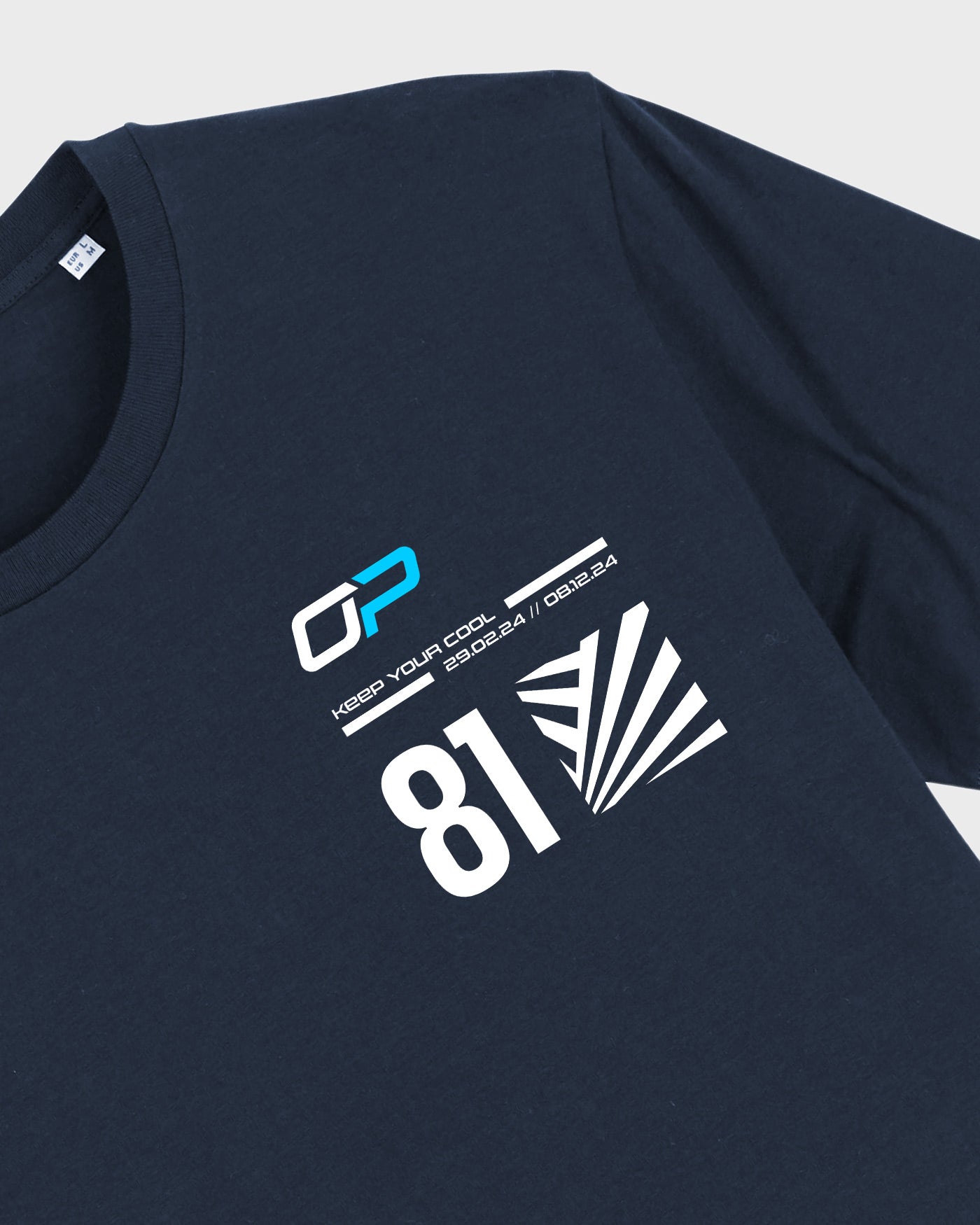 Keep Your Cool T-Shirt in Navy with OP logo, F1 2024 season dates, racing number 81, and dazzle effect inspired by Oscar Piastri's helmet.