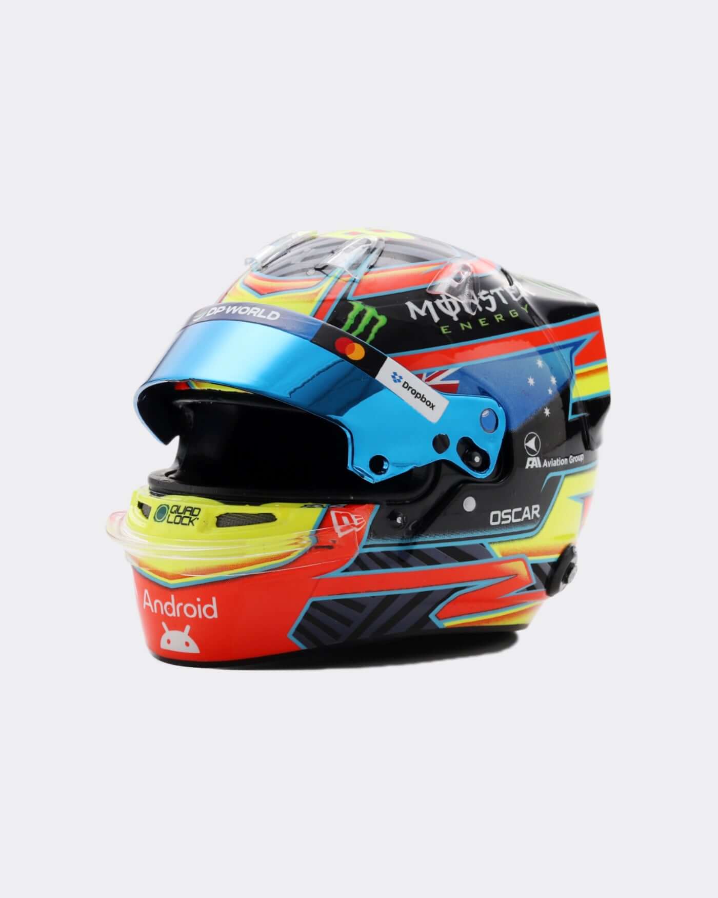 1:5 scale 2025 Season Helmet - Oscar Piastri replica featuring striking red, blue, and yellow design by MDM Designs.