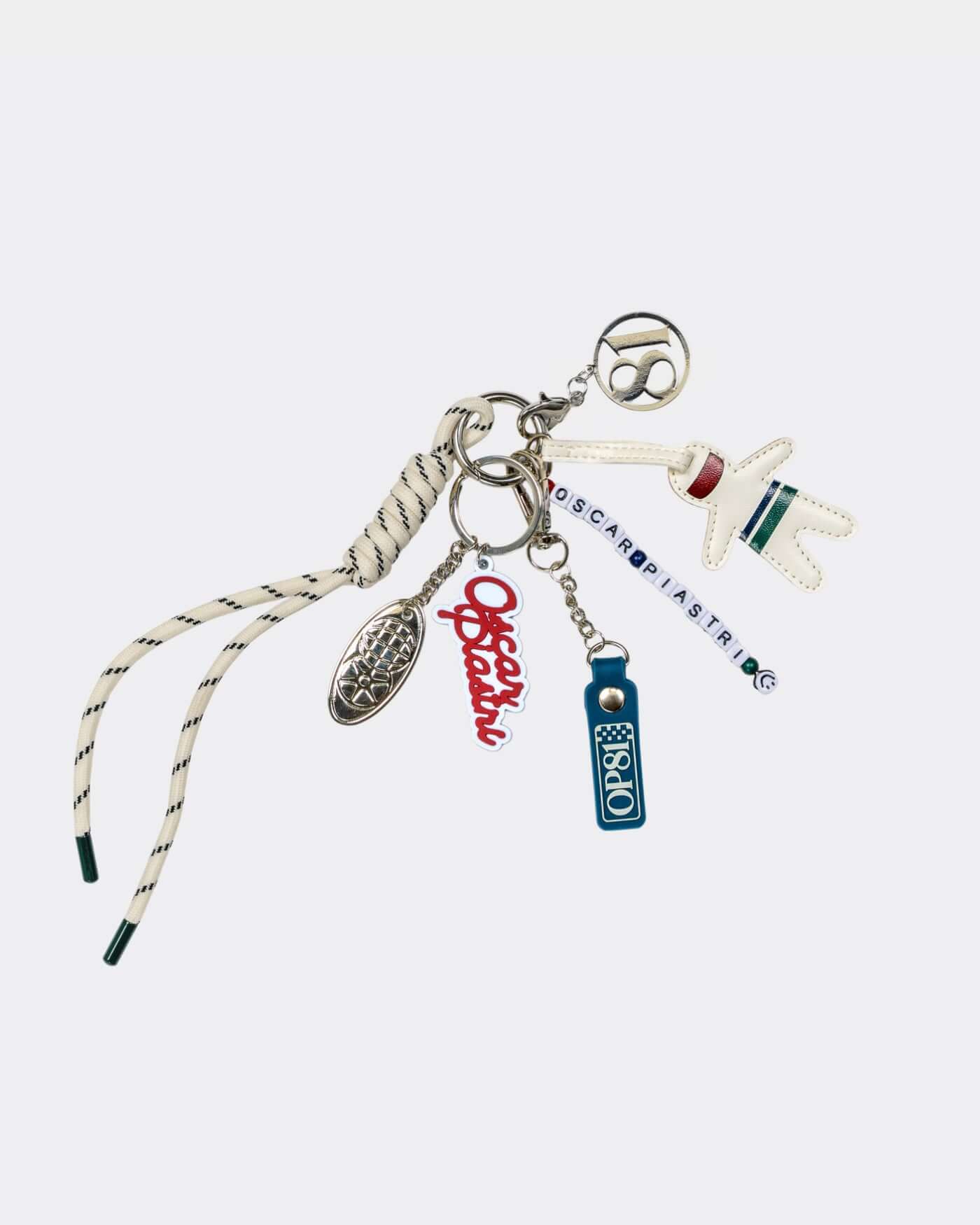 World Circuit Bag Charm featuring globe emblem, OP81 tag, and Oscar Piastri driver pendant.