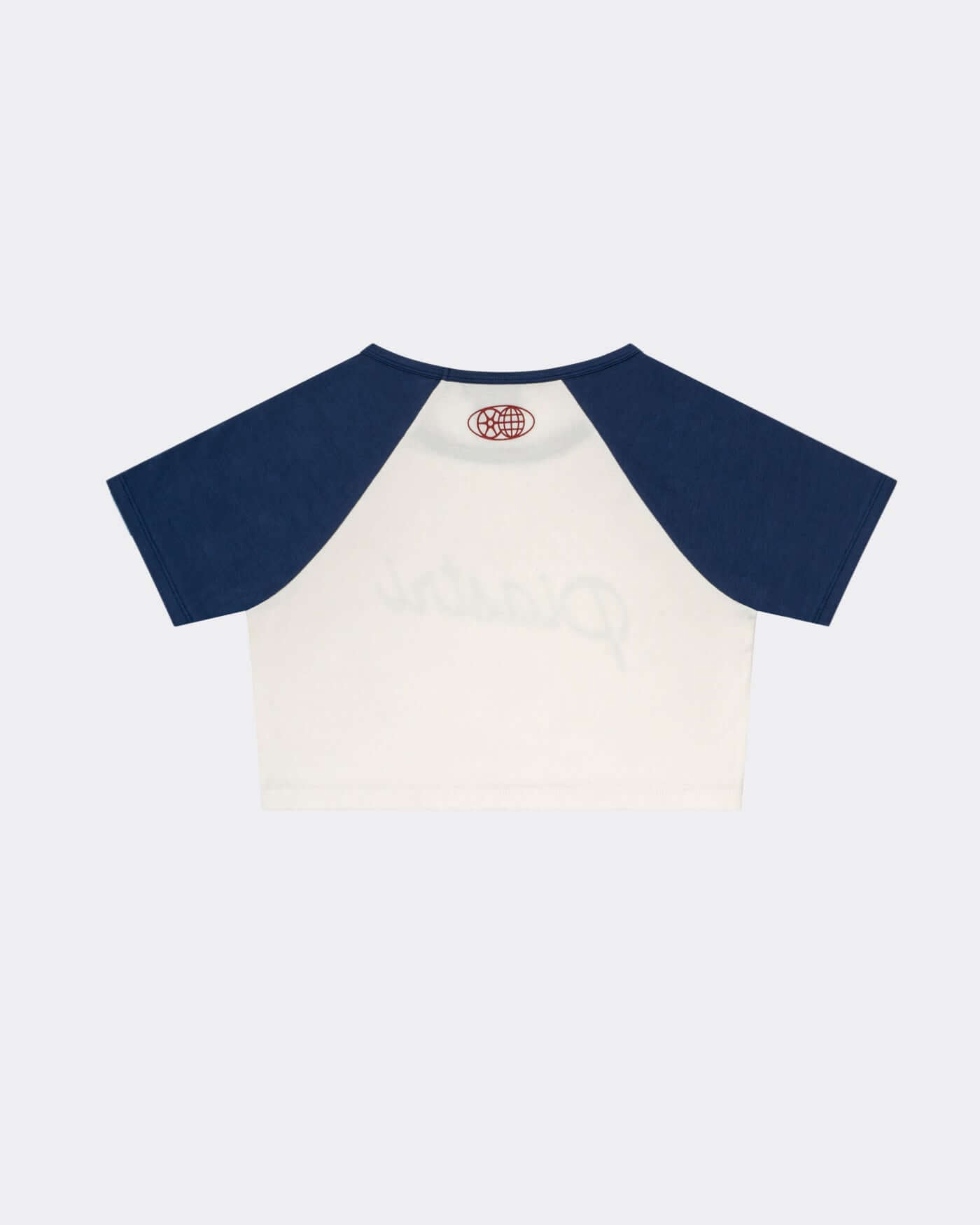 Back view of the World Circuit Crop Tee featuring blue raglan sleeves and the Piastri logo.