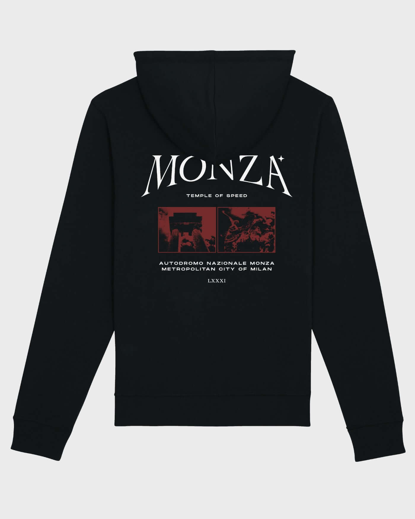 Monza Hoodie - Black, unisex design featuring Italian Grand Prix graphics and spacious kangaroo pocket, true-to-size cozy fit. Ideal for everyday wear.