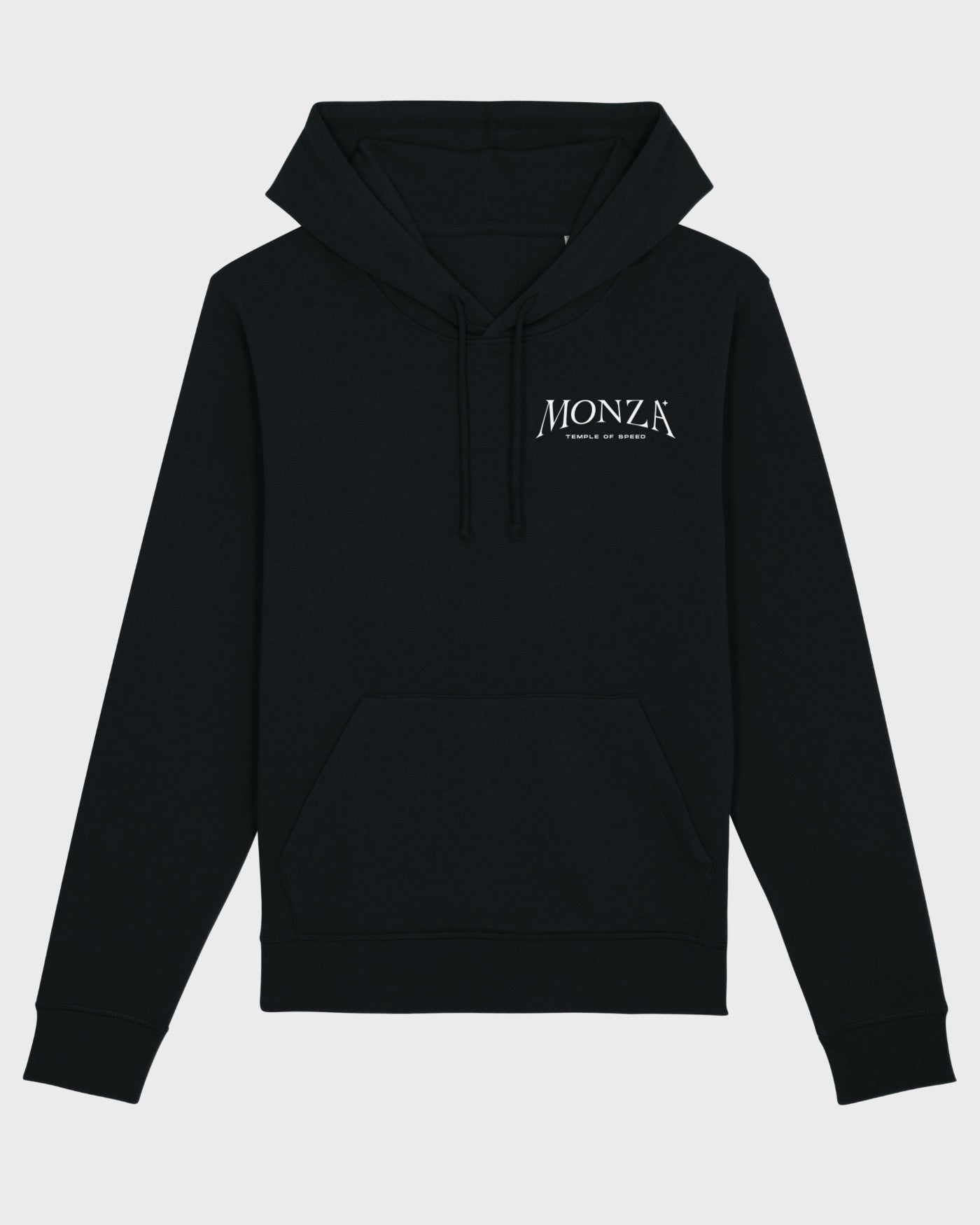 Black Monza Hoodie with kangaroo pocket and unisex design, inspired by the Italian Grand Prix.