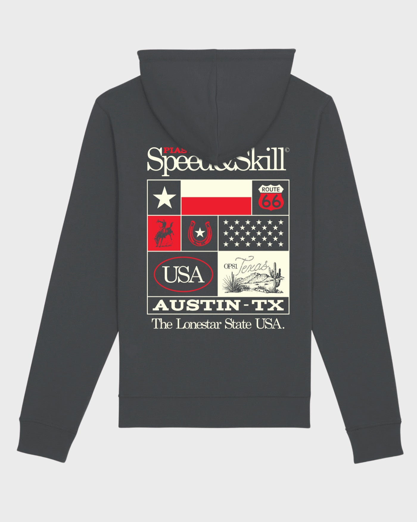 Texas 2024 Hoodie in Asphalt with Texas-inspired graphics celebrating racing and Western culture.