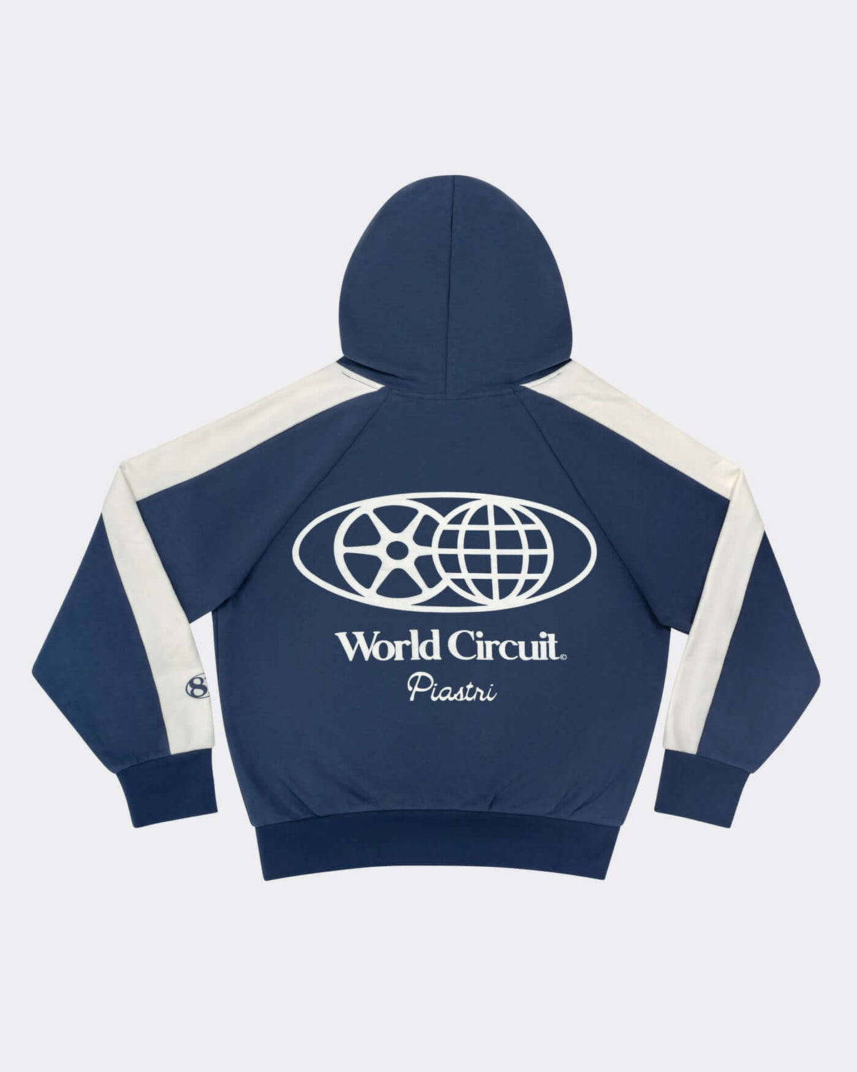 World Circuit Hoodie - Blue back view showing globe emblem and Oscar Piastri signature on a navy and off-white hooded sweatshirt.