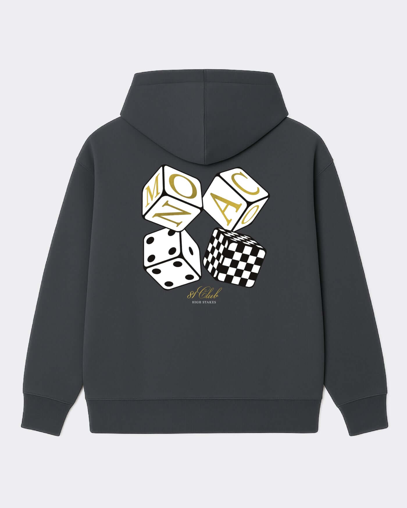 81 CLUB Monaco Hoodie featuring oversized fit and unique four-dice design on back, showcasing premium heavyweight quality.