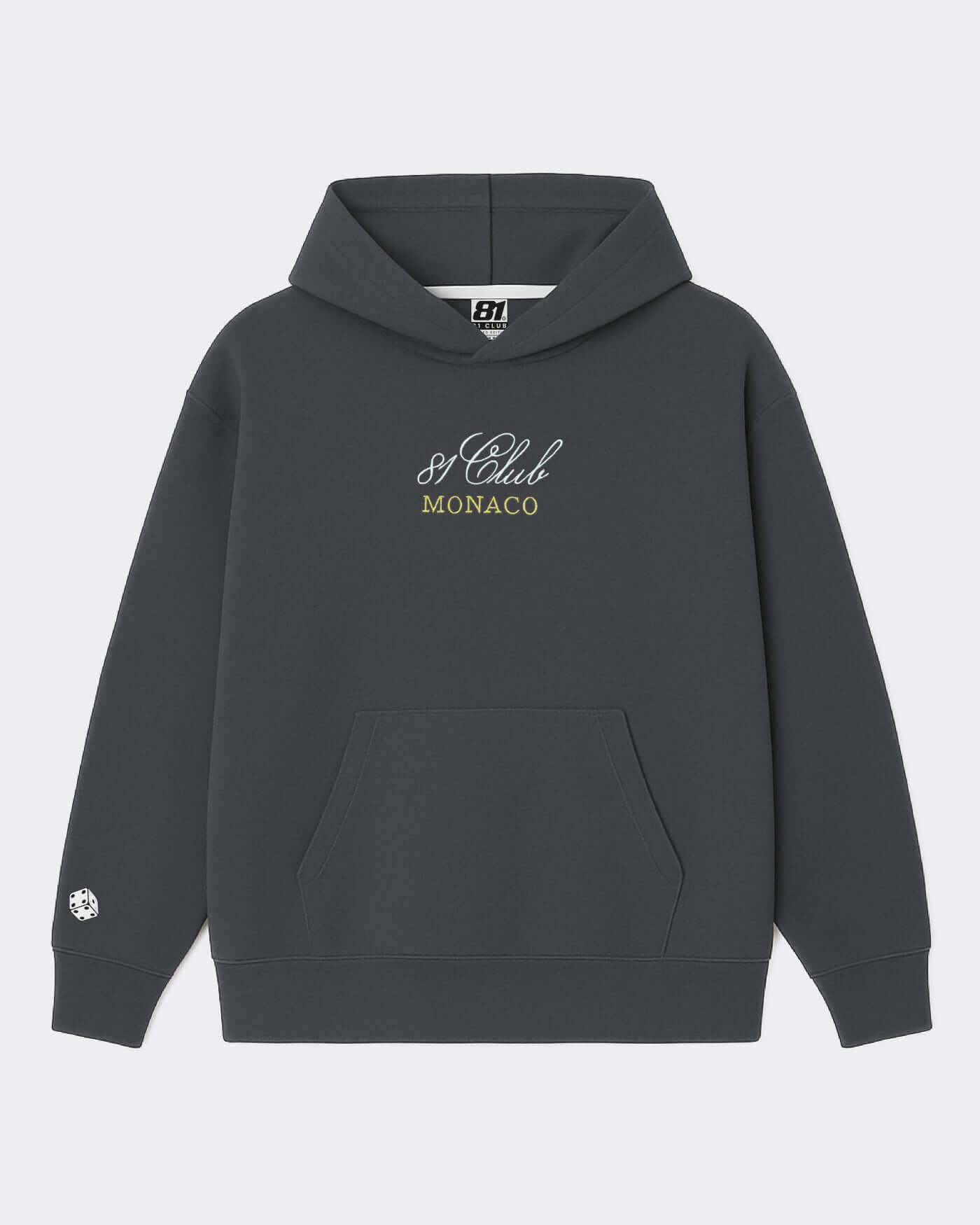 81 CLUB Monaco Hoodie in dark gray with elegant embroidery, oversized fit, and spacious kangaroo pocket.