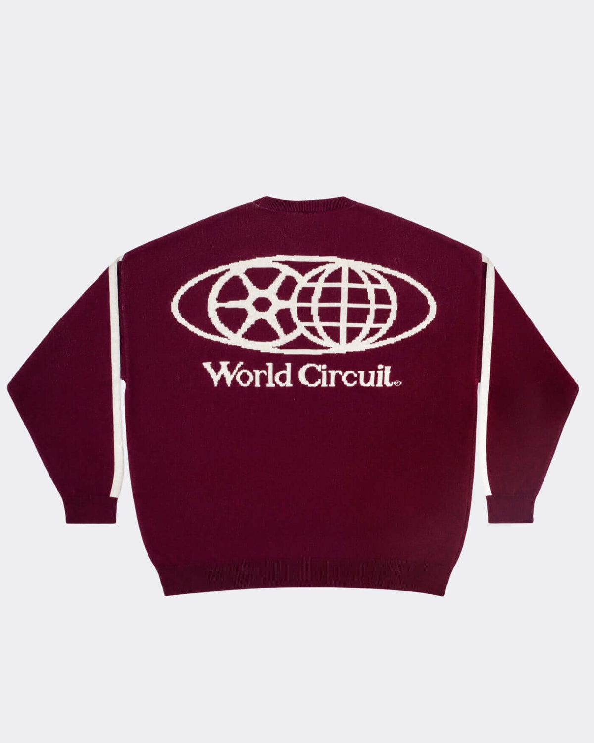 World Circuit Knitted Sweater - Burgundy featuring jacquard globe emblem and logo on burgundy background.