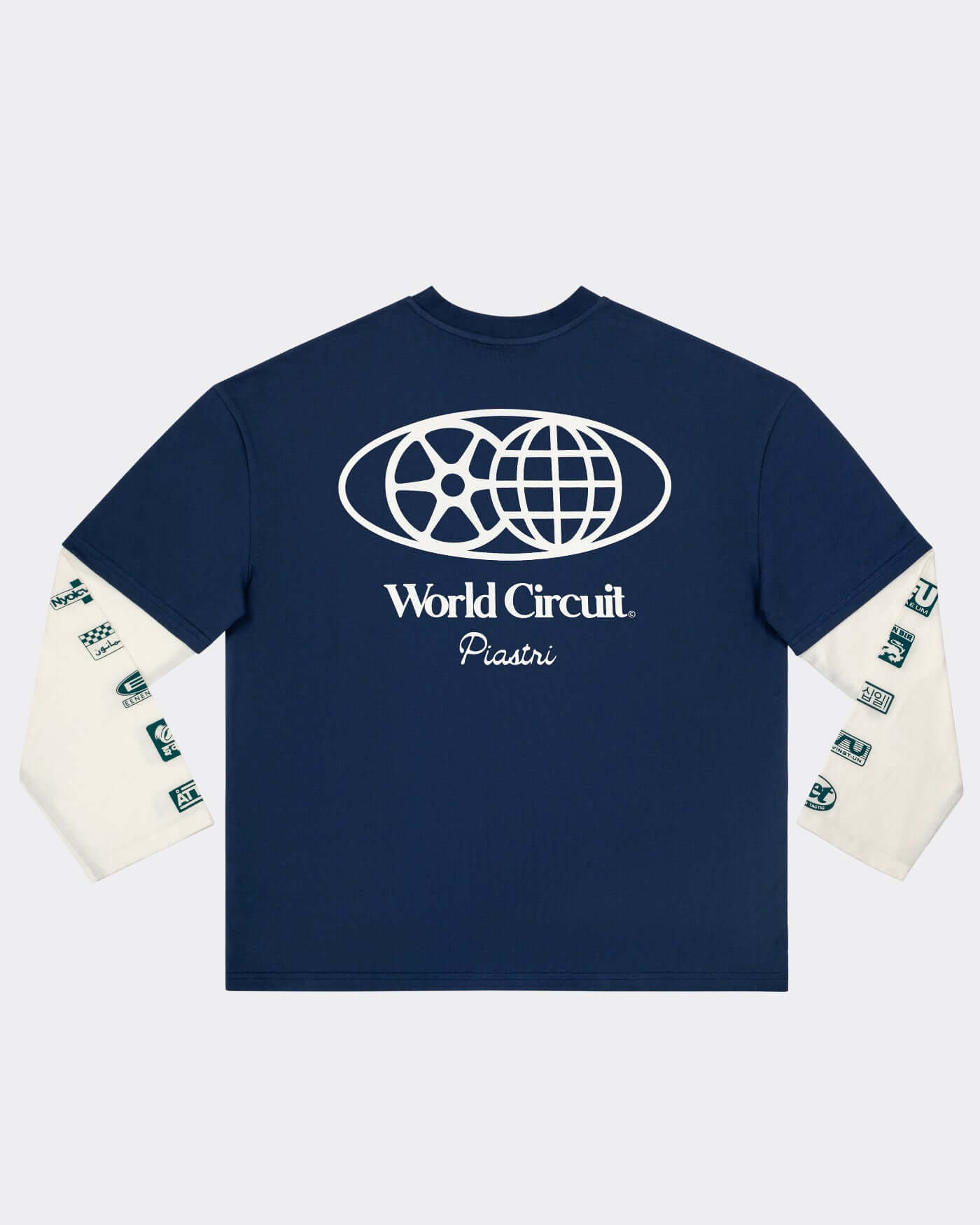 World Circuit Layered T-Shirt - Blue featuring a logo and sponsor graphics on layered sleeves.