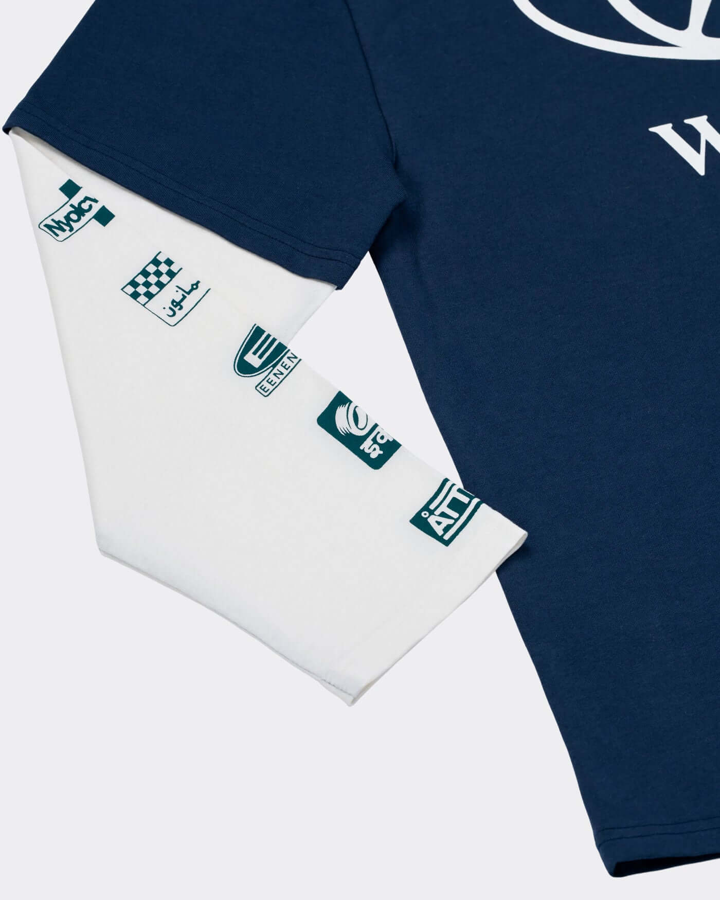 World Circuit Layered T-Shirt - Blue showcasing blue and white contrast sleeves with sponsor graphics.