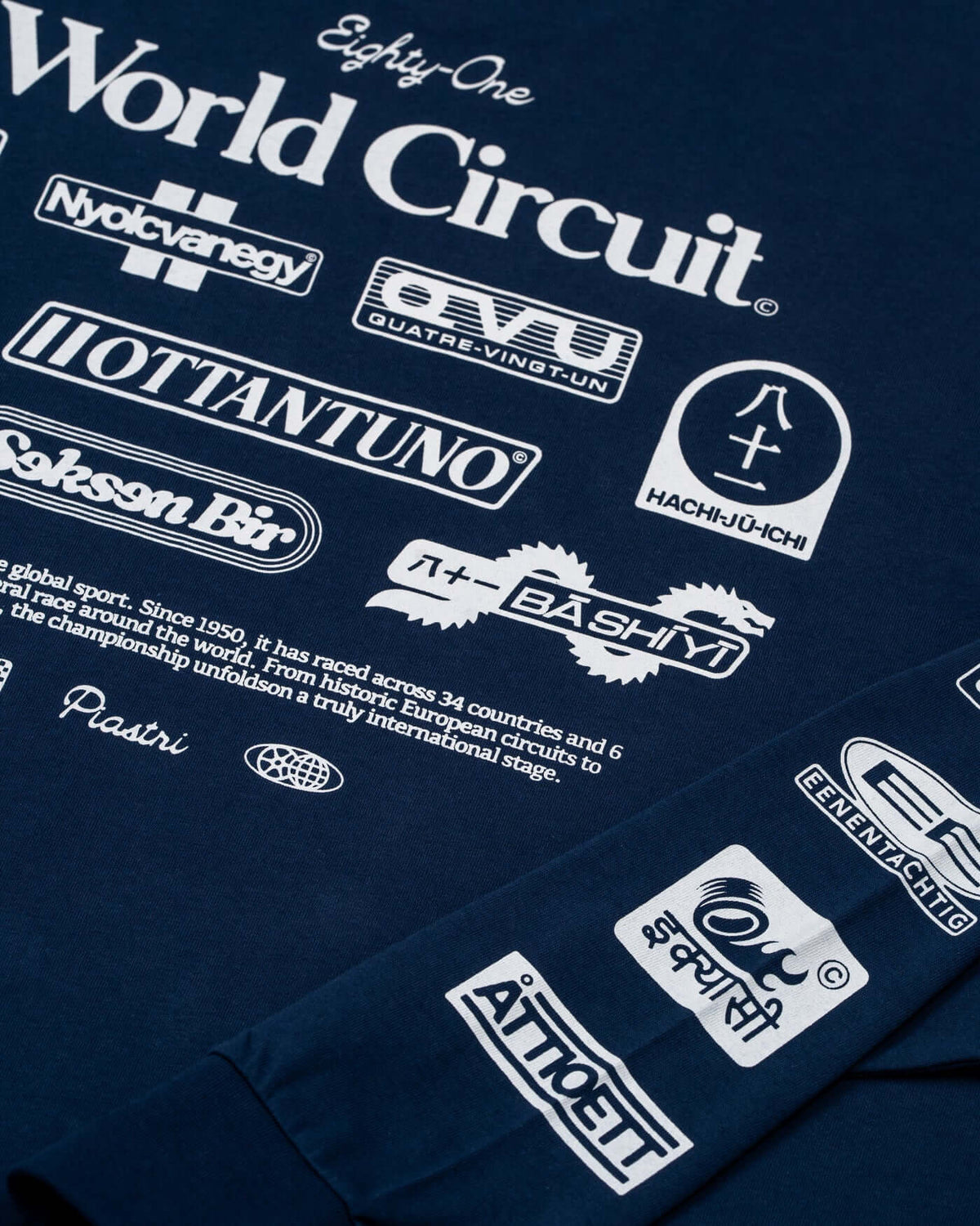 World Circuit Long Sleeve T-Shirt - Blue featuring sponsor logos and details of thirty-four countries.