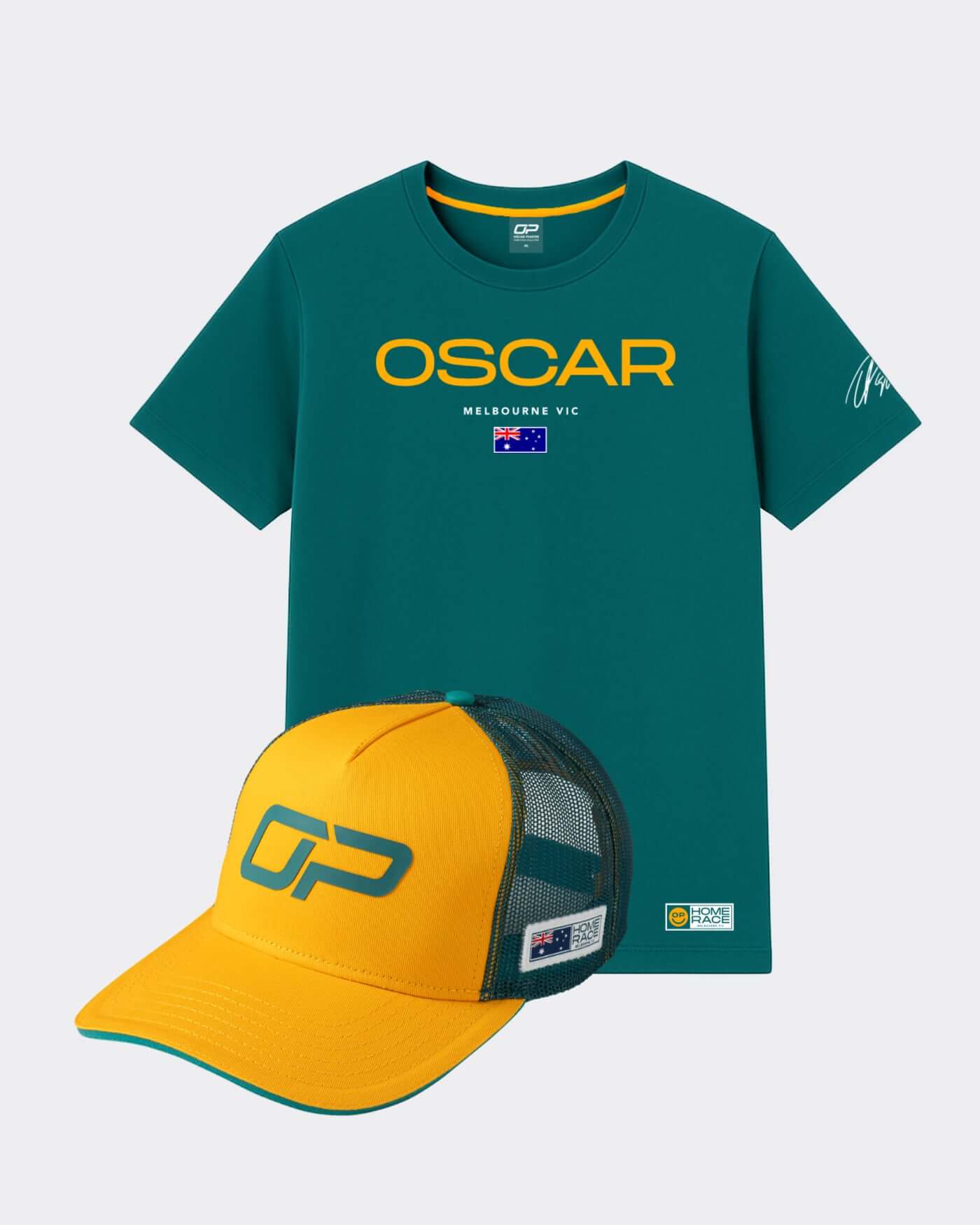 Piastri Grandstand Merch Pack - S/M including an official Oscar Piastri T-Shirt and cap.