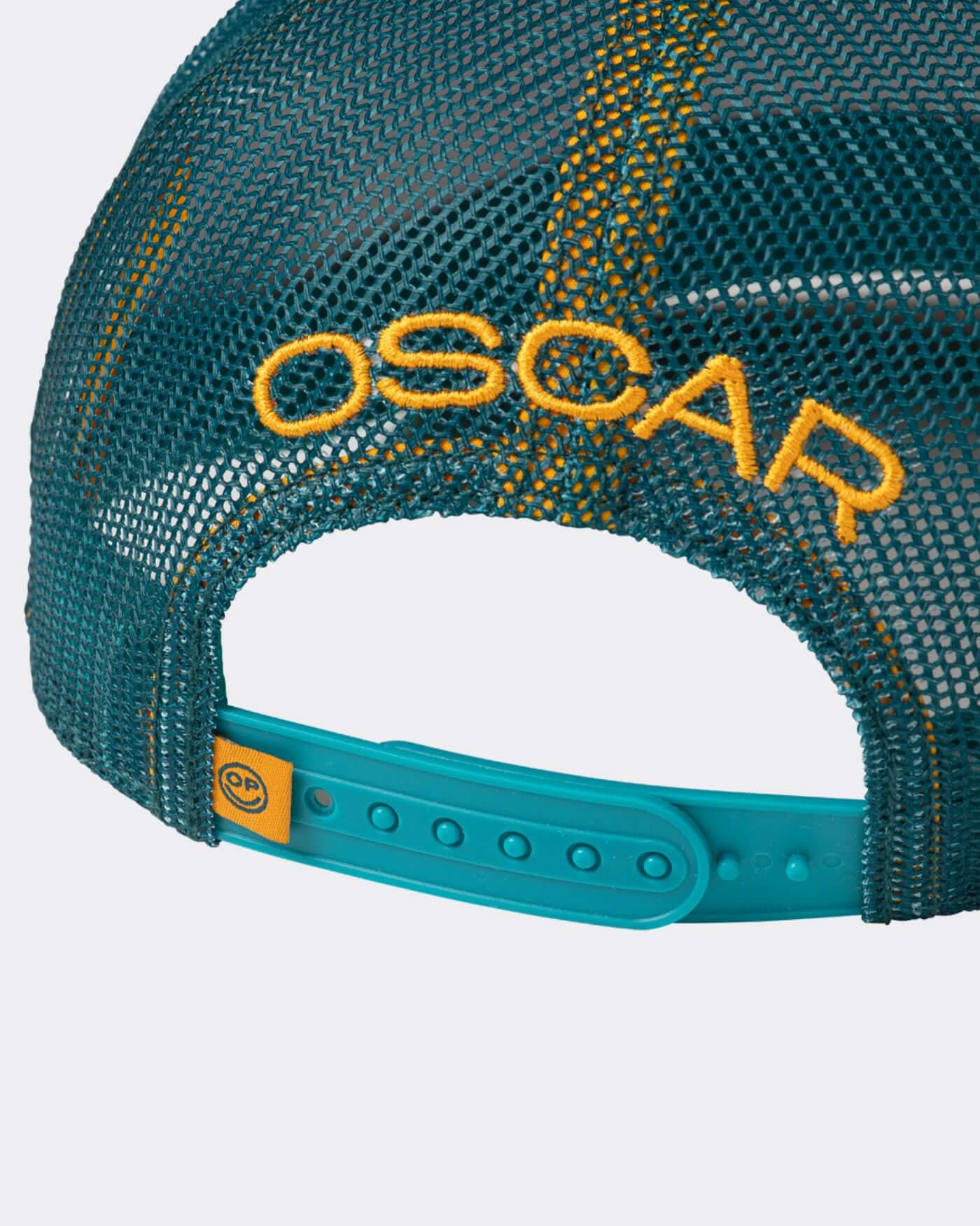 Back view of Home Race '26 Cap showing Oscar's name in bold yellow lettering on a green mesh design.