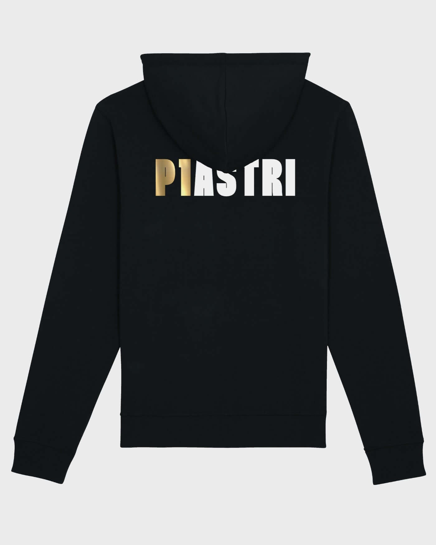 Oscar Piastri OP1 Hoodie featuring bold "P1ASTRI" text on the back in black with gold accents and unisex design for all-season wear.