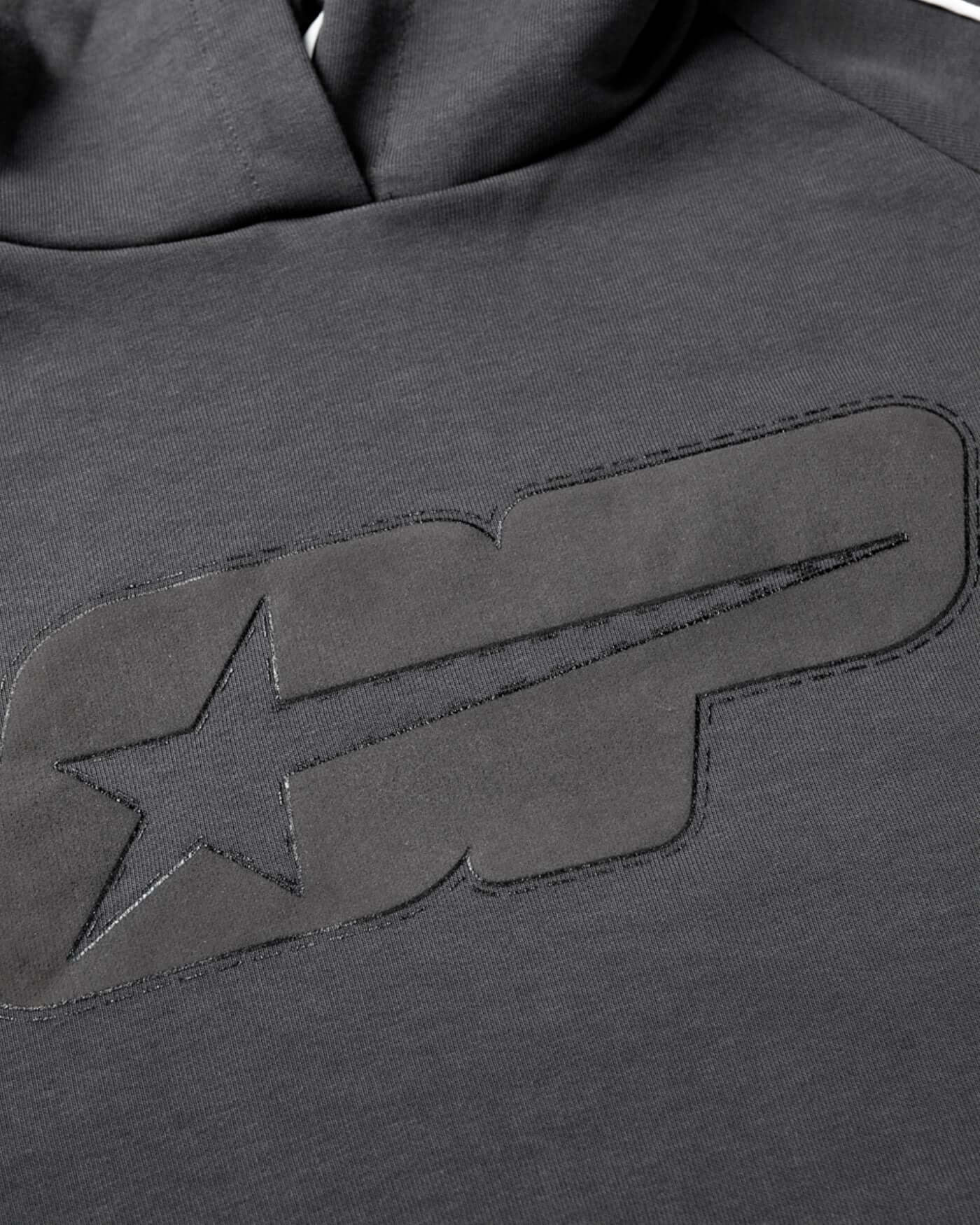 Origins Hoodie - Asphalt close-up of bold logo detail on the premium fleecy fabric.