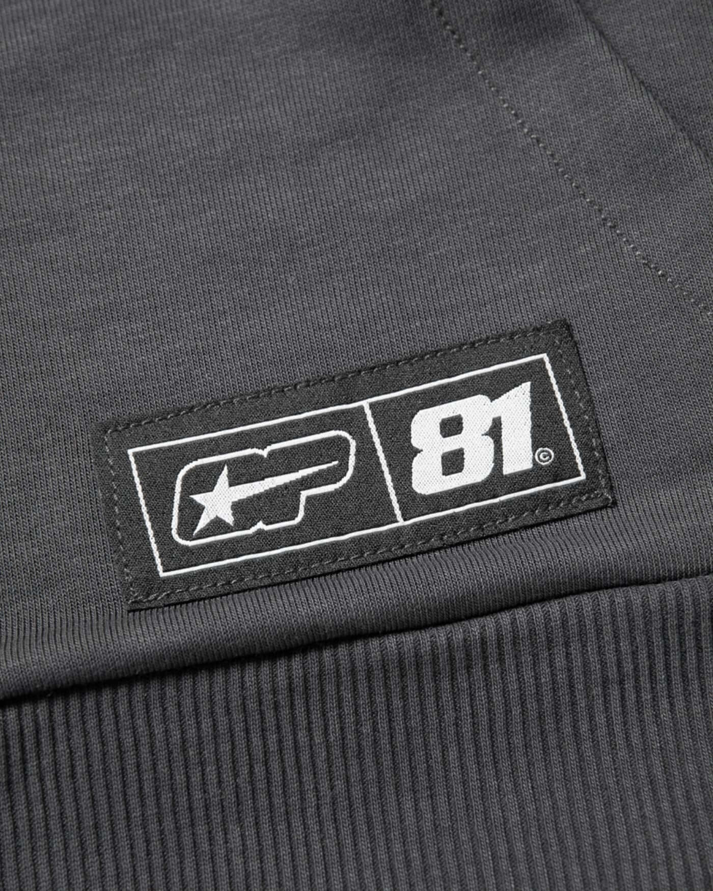 Origins Hoodie - Asphalt logo detail showcasing premium fleece fabric and bold branding.