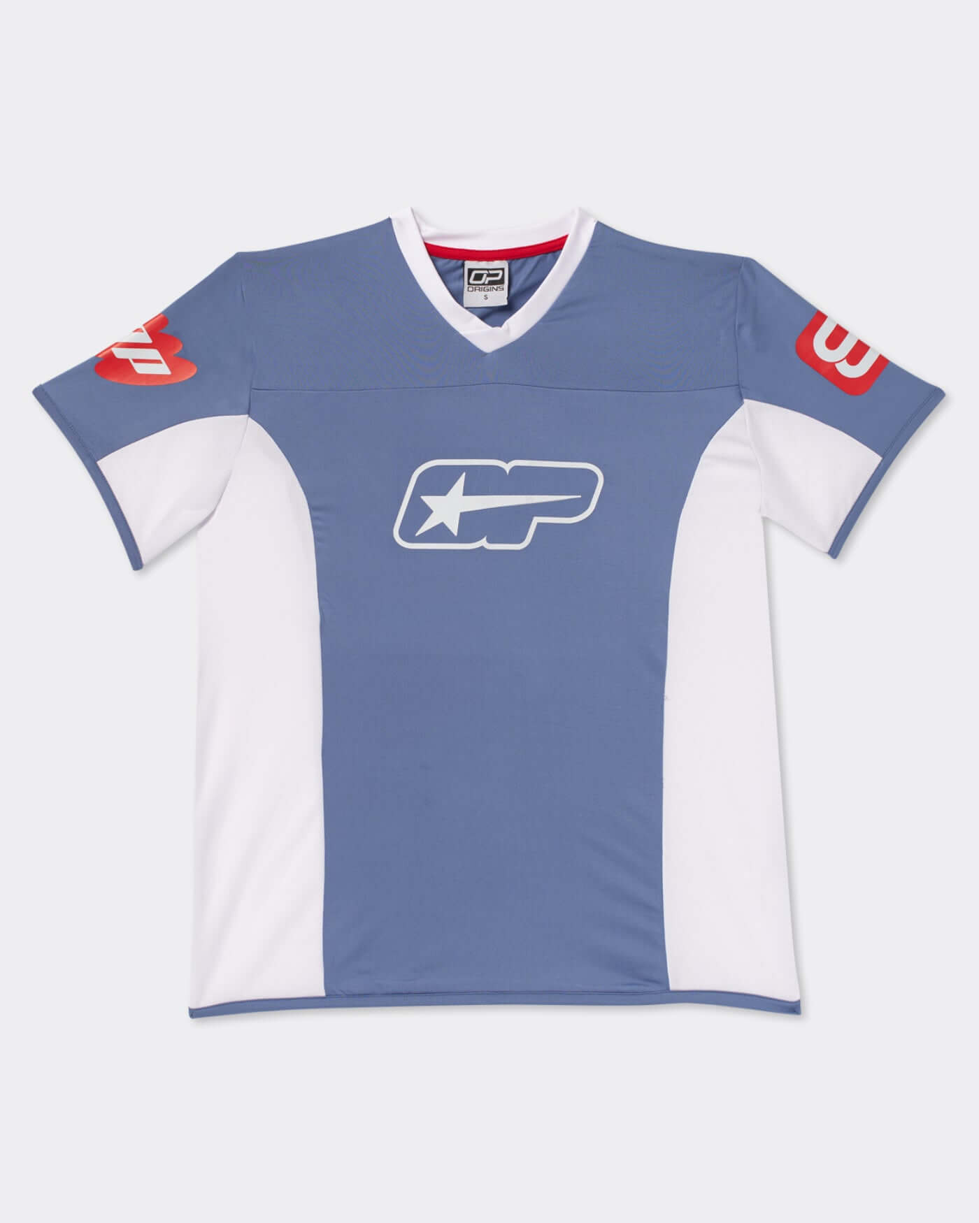 Origins Jersey in blue and white with ribbed neck collar and motorsport-style design.