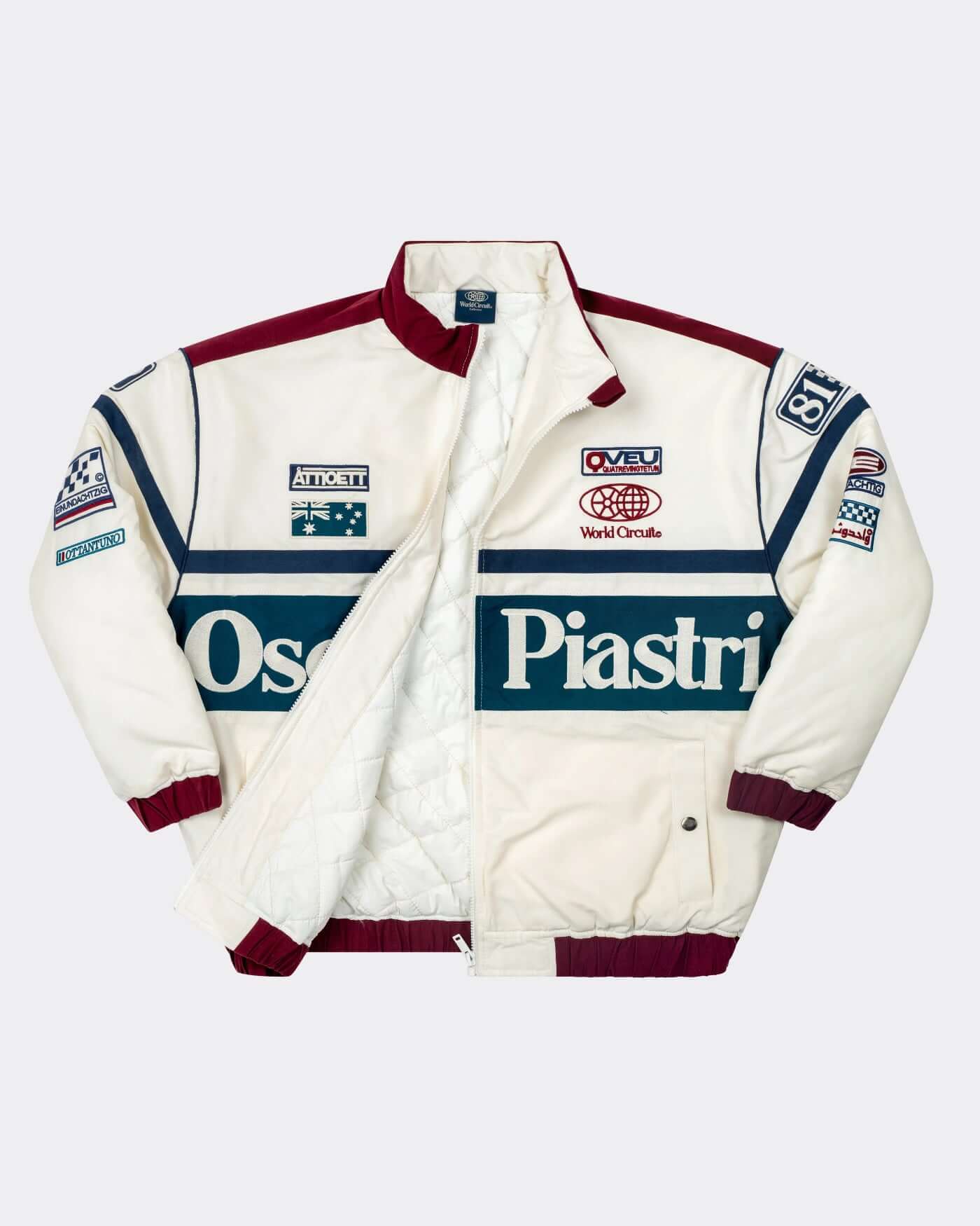 World Circuit Race Jacket with off-white and burgundy panels, featuring Oscar Piastri's signature and embroidered badges.