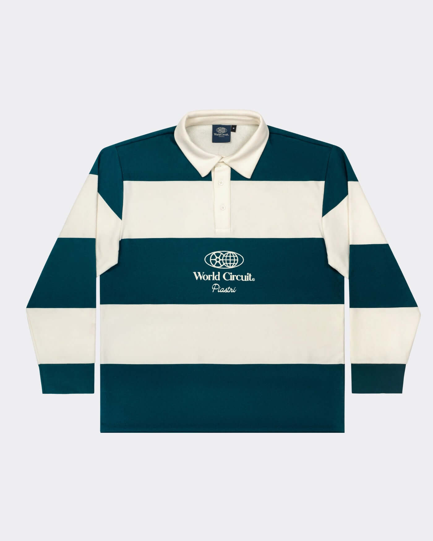 World Circuit Rugby Shirt featuring green and off-white stripes with twill collar and globe emblem embroidered on chest.