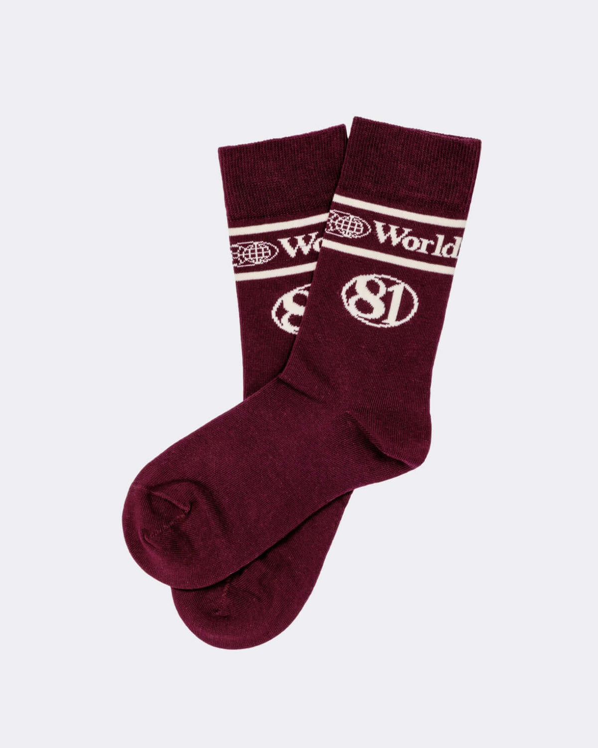 World Circuit Socks - Burgundy, ribbed crew length socks featuring the globe emblem and 81, perfect for casual wear.