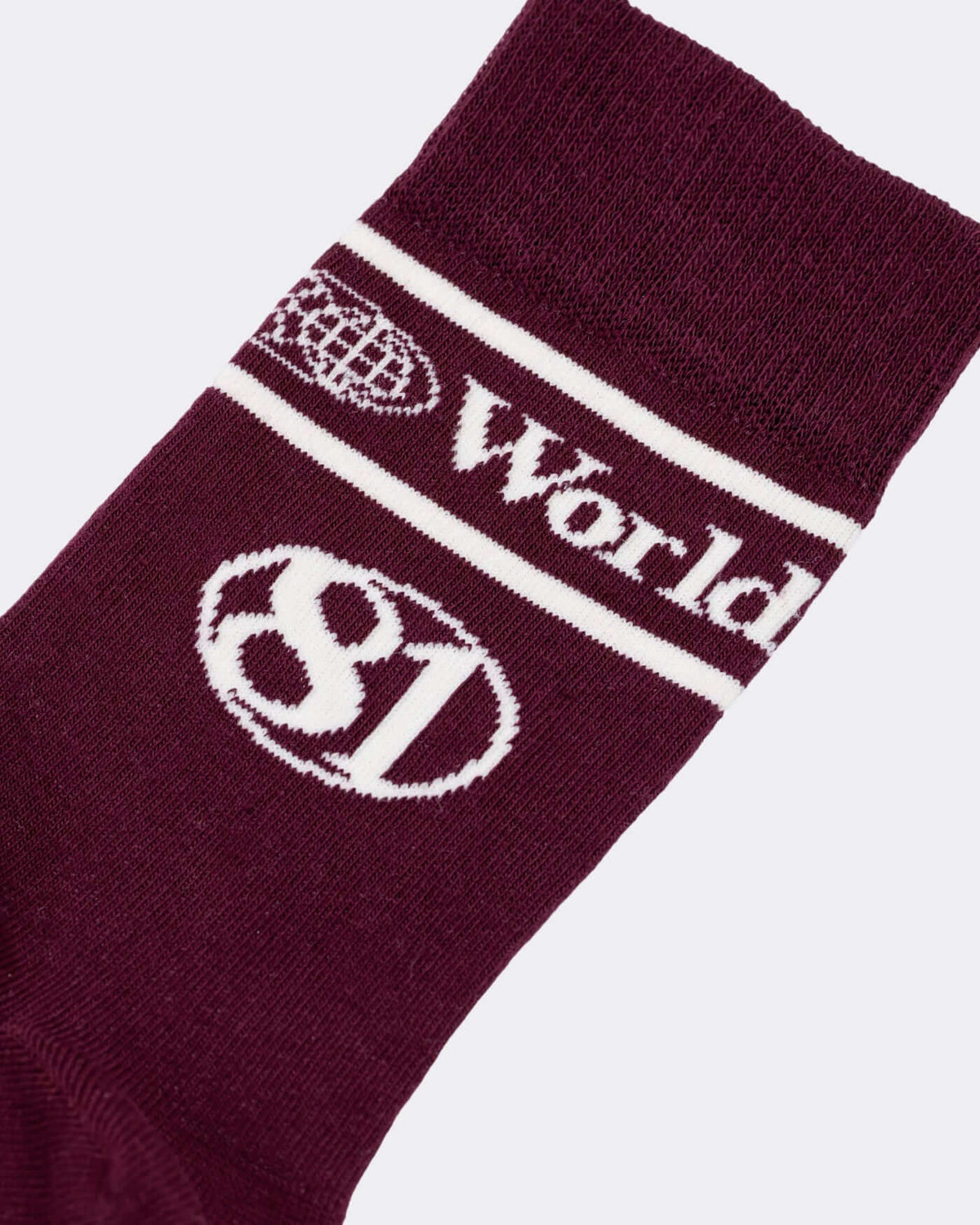 World Circuit Socks - Burgundy featuring globe emblem and 81 in a ribbed crew style.