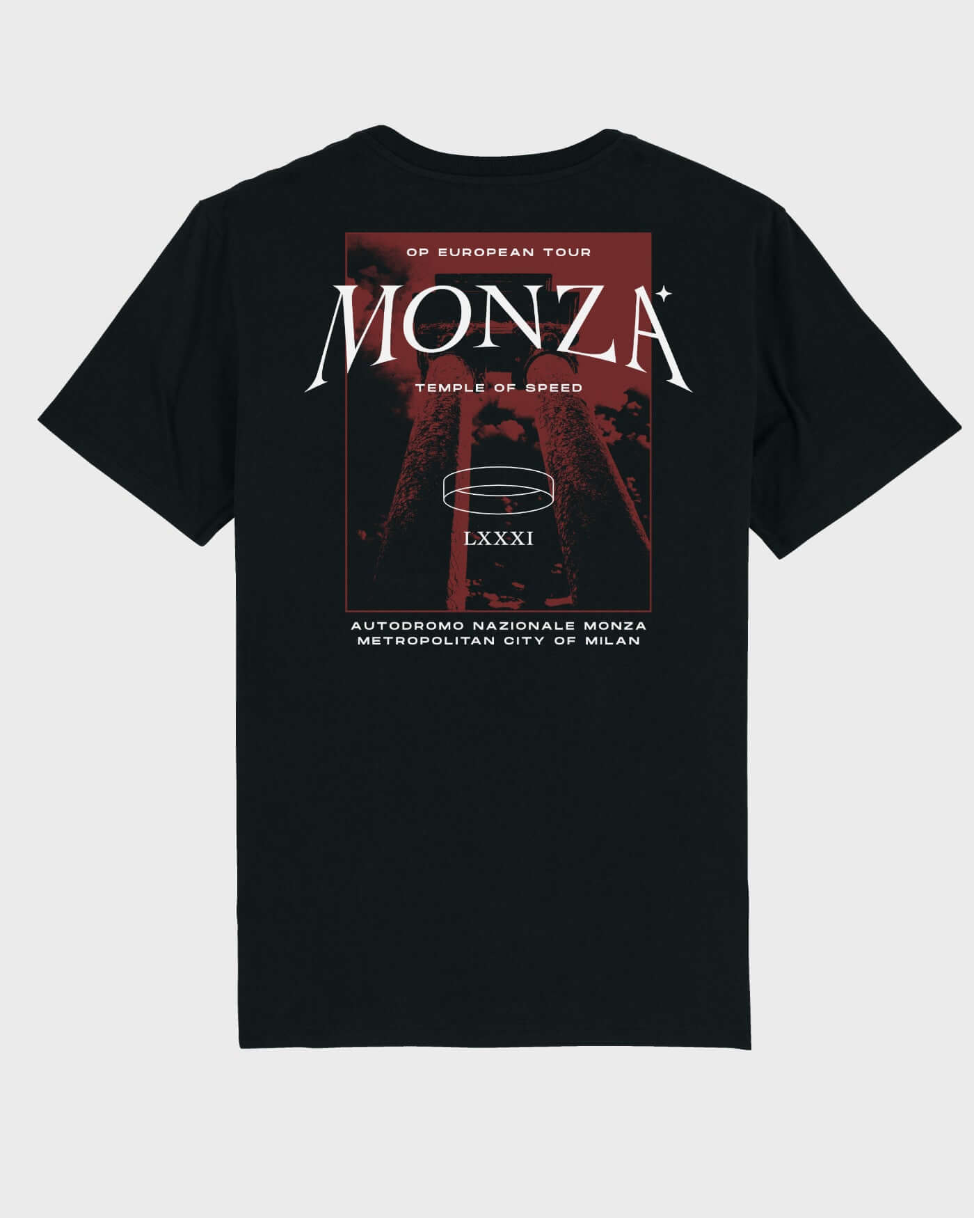 Monza T-Shirt in black featuring graphic and text inspired by the Italian Grand Prix at the Temple of Speed, back view.