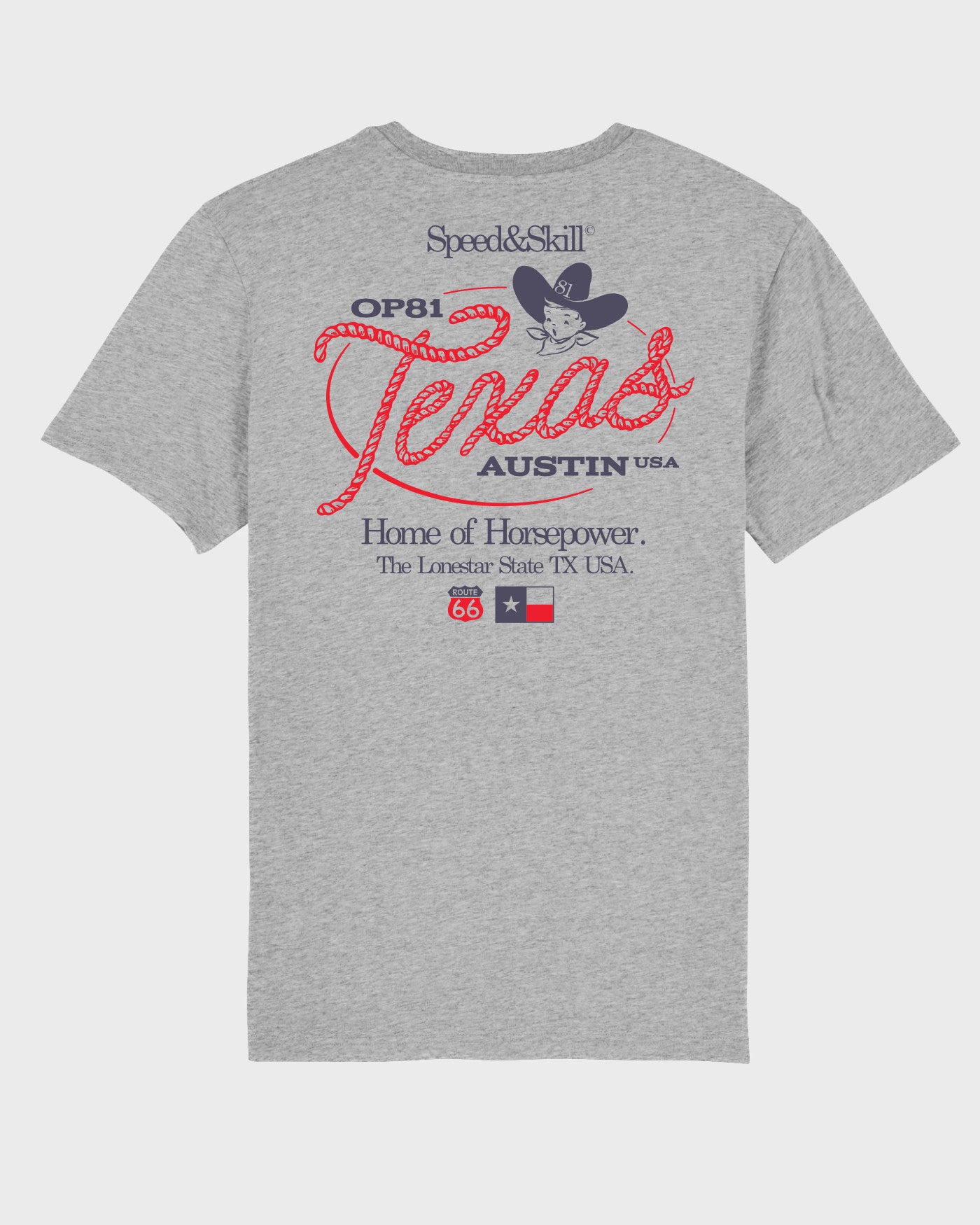 Light grey Texas 2024 T-shirt featuring bold Texas-inspired graphics, honoring Circuit of the Americas and Speed & Skill theme.