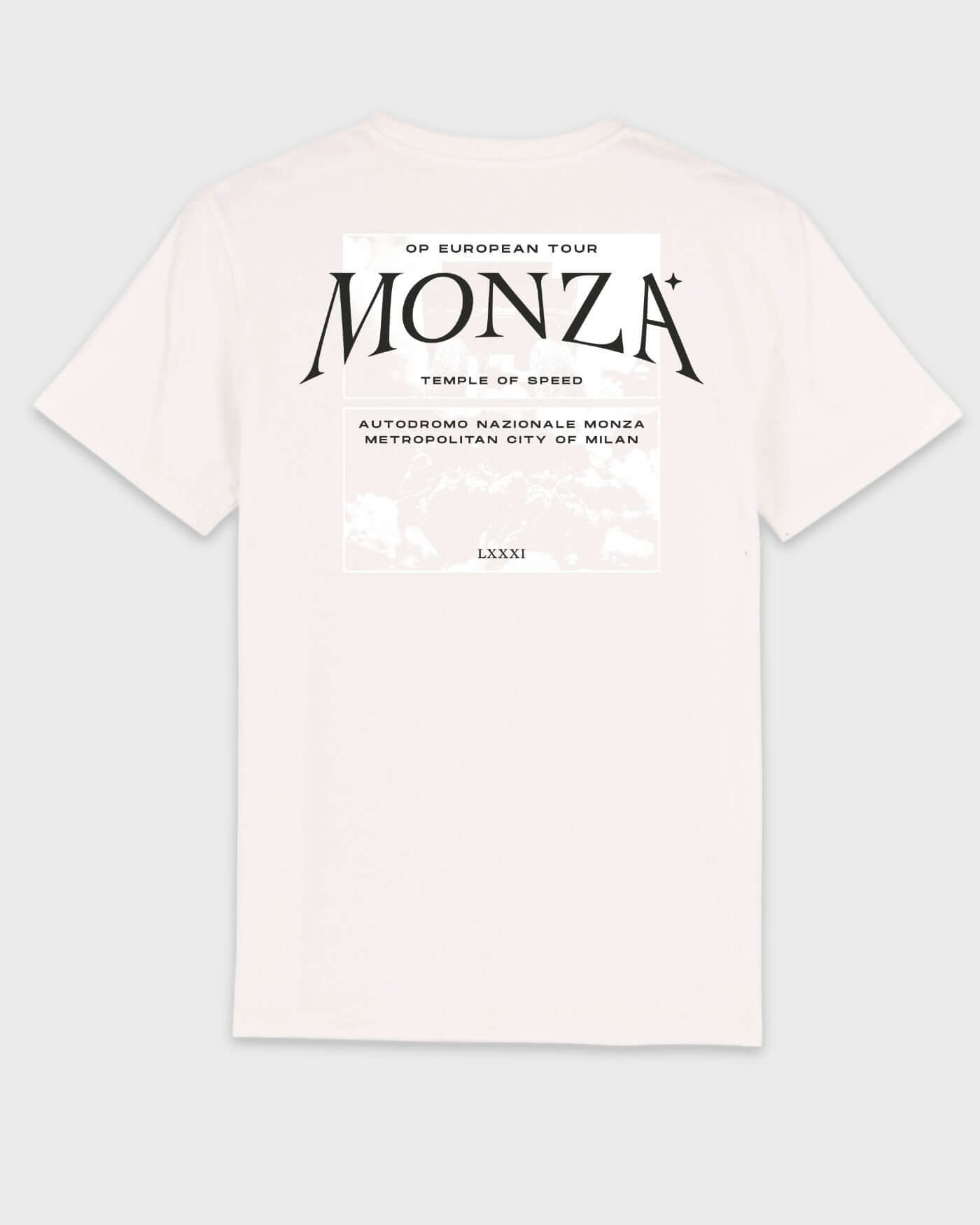 Monza T-Shirt Off White Back View with Text and Graphics