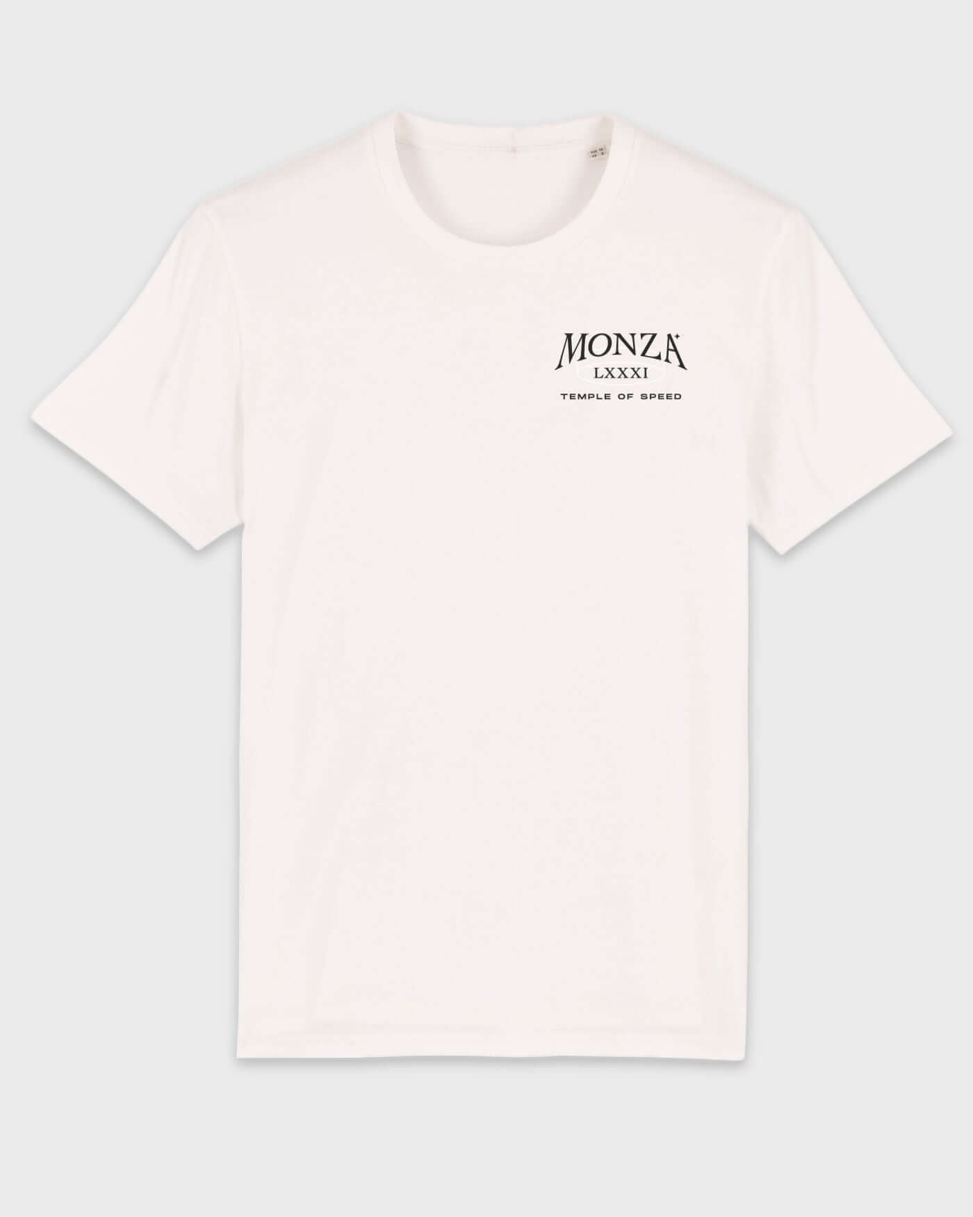 Monza T-Shirt in off white showcasing ribbed neck collar and hemmed sleeves, with "Temple of Speed" text. 100% organic cotton, unisex design.