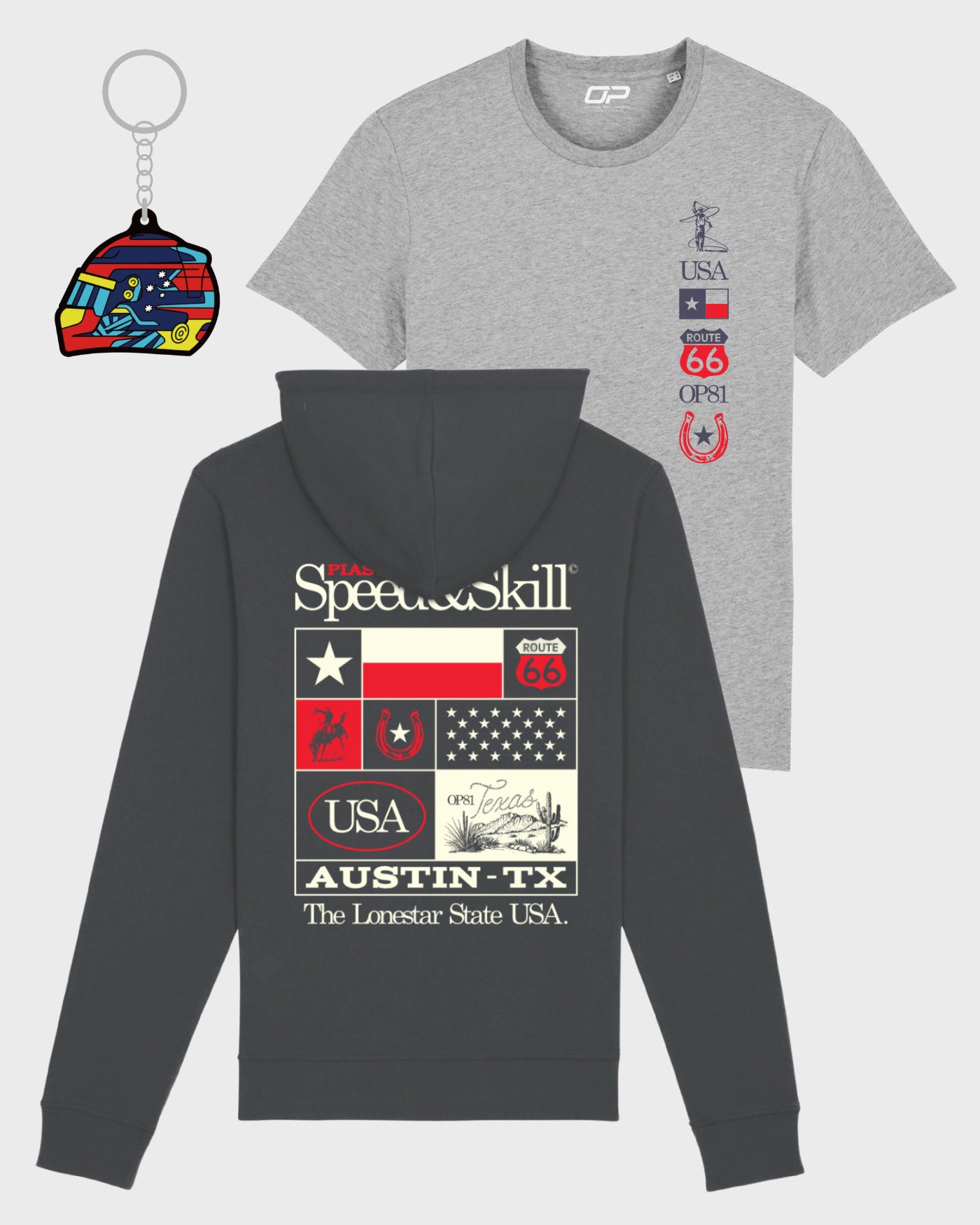 Texas T-Shirt and Hoodie bundle with Oscar Piastri keyring, featuring USA and Austin-TX designs, special holiday discount offer.