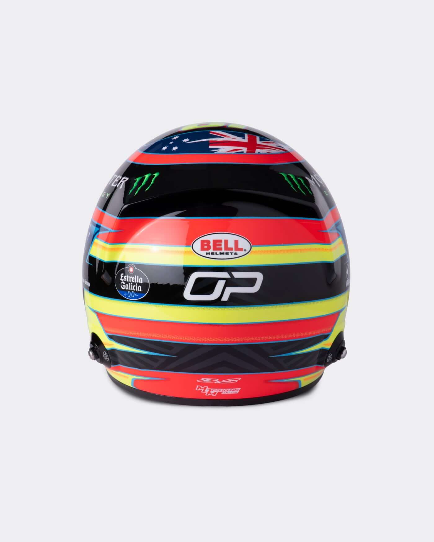 1:2 scale replica of Oscar Piastri's 2025 F1 racing helmet, featuring red, blue, and yellow design with personal logo.