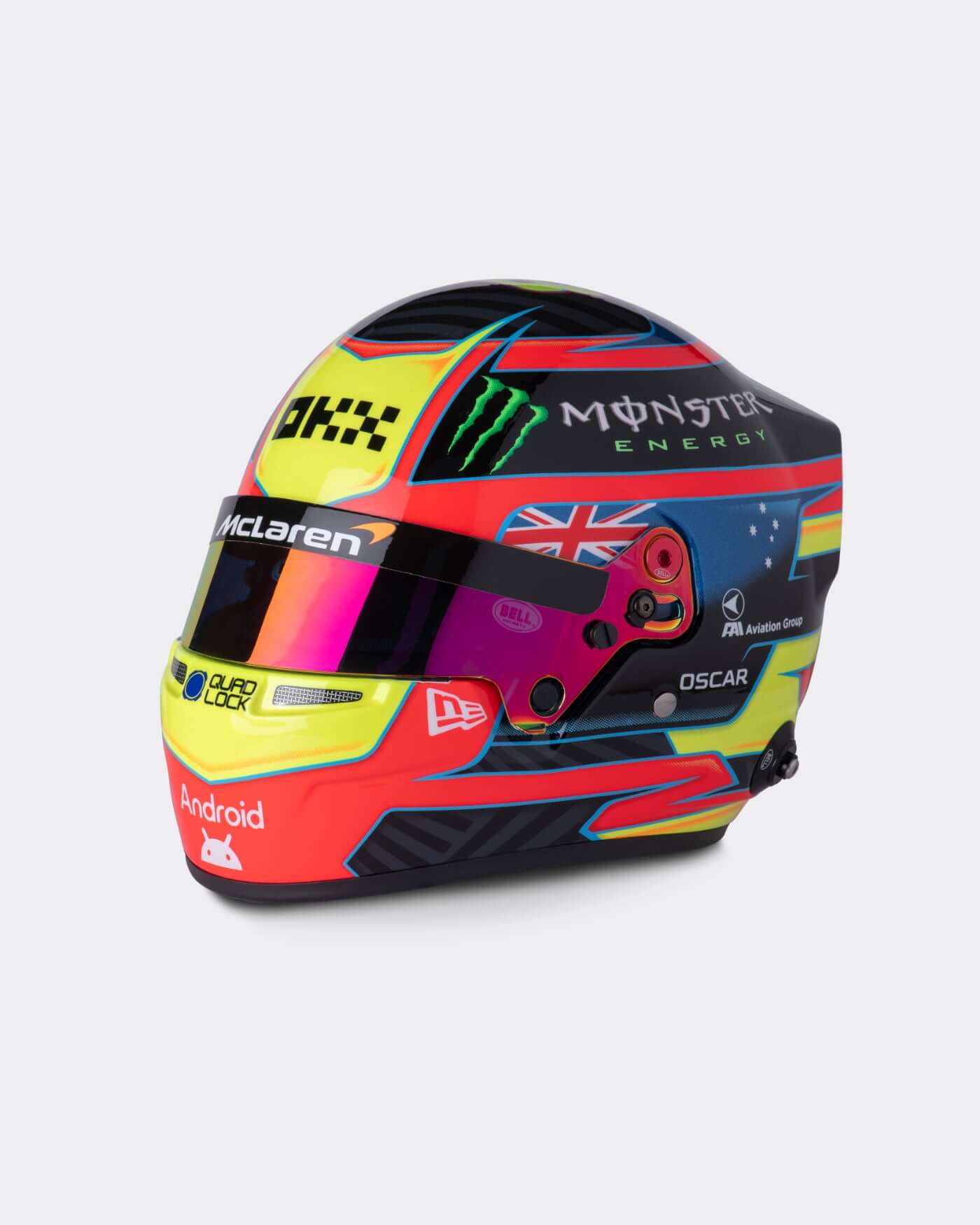 1:2 scale Oscar Piastri 2025 F1 season helmet replica with vibrant design by MDM Designs, featuring racing number and logo.