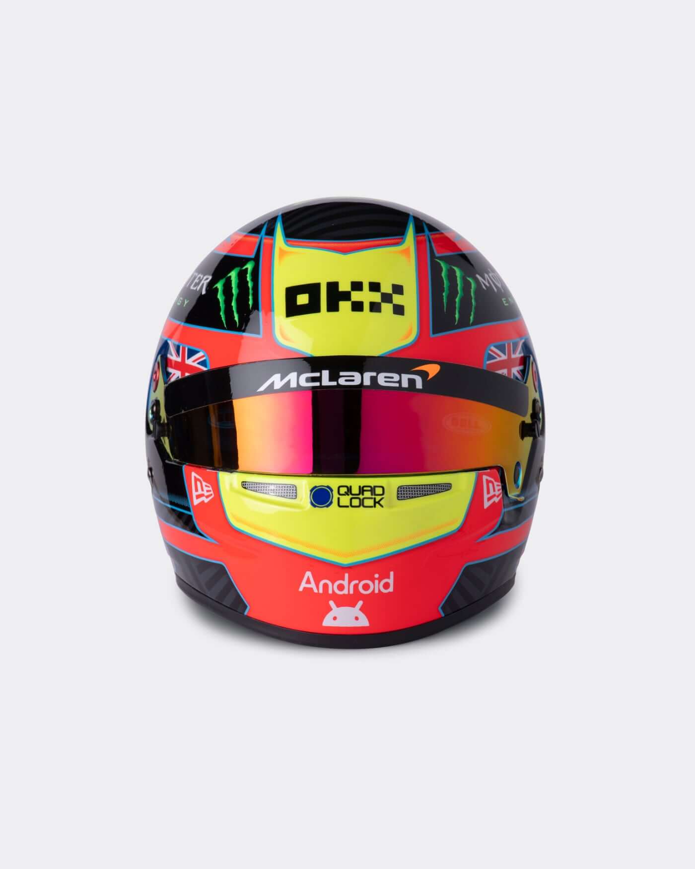 1:2 scale 2025 season helmet replica of Oscar Piastri, featuring vibrant red, blue, and yellow design with unique logo.