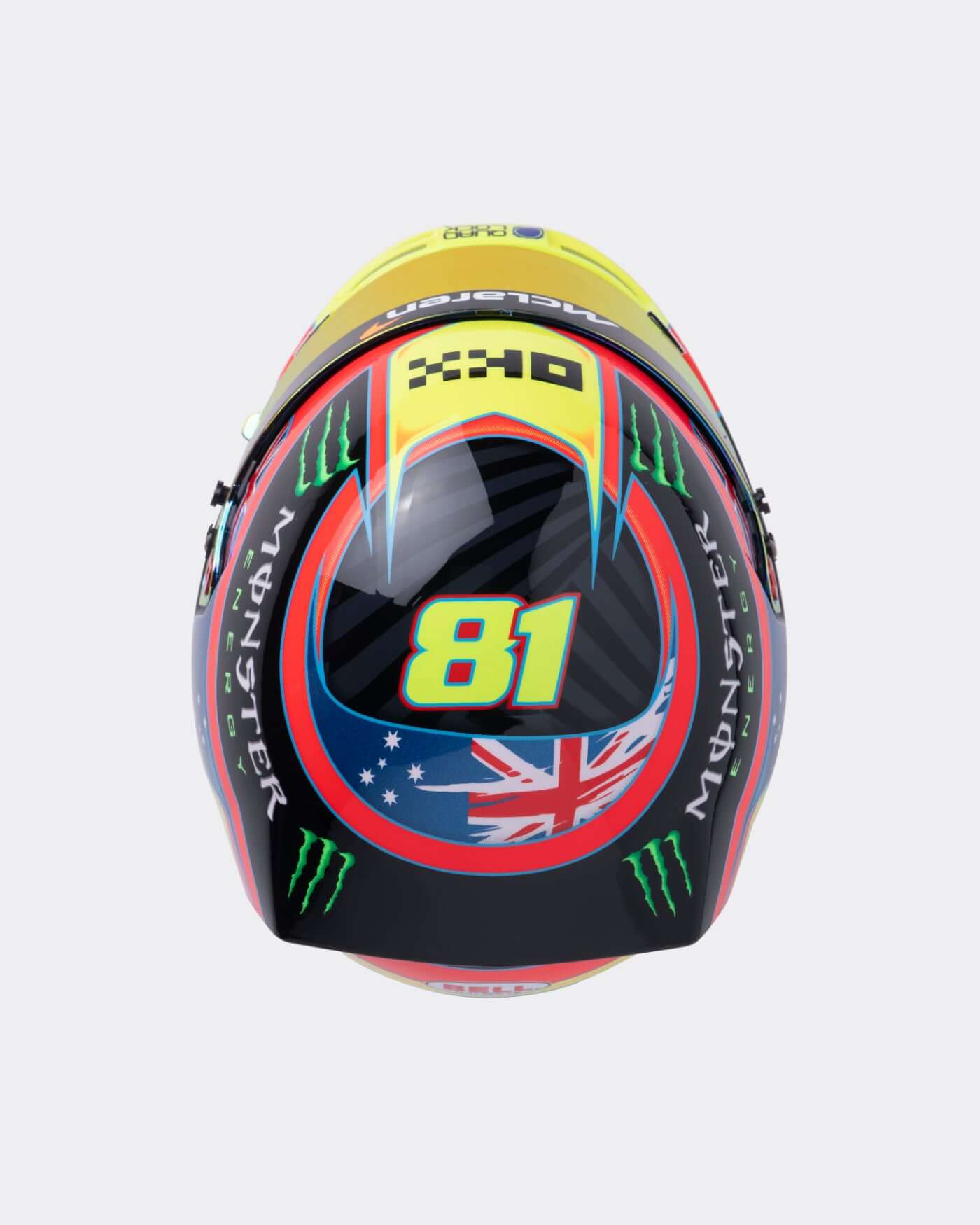 1:2 scale replica helmet of Oscar Piastri for the 2025 F1 season, featuring number 81 and vibrant design.