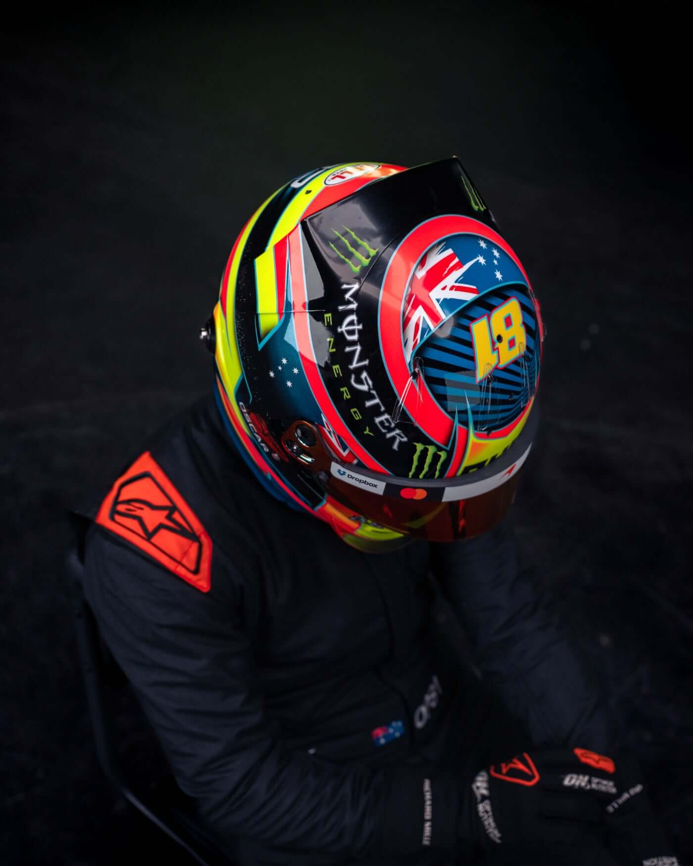 1:2 scale 2026 Season Helmet - Oscar Piastri showcasing a vibrant red, blue, and yellow design.