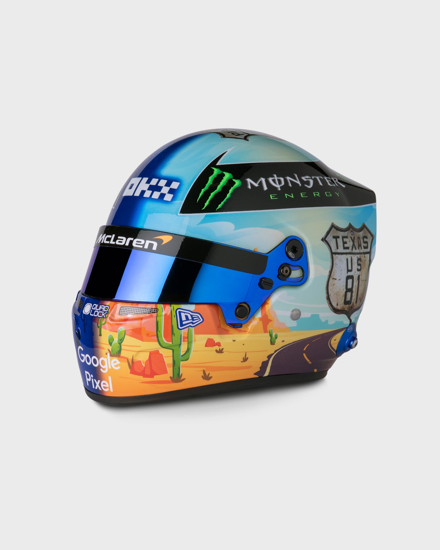 1:2 scale 2024 US Grand Prix helmet replica of Oscar Piastri with Texas design, featuring sponsor logos and detailed craftsmanship.