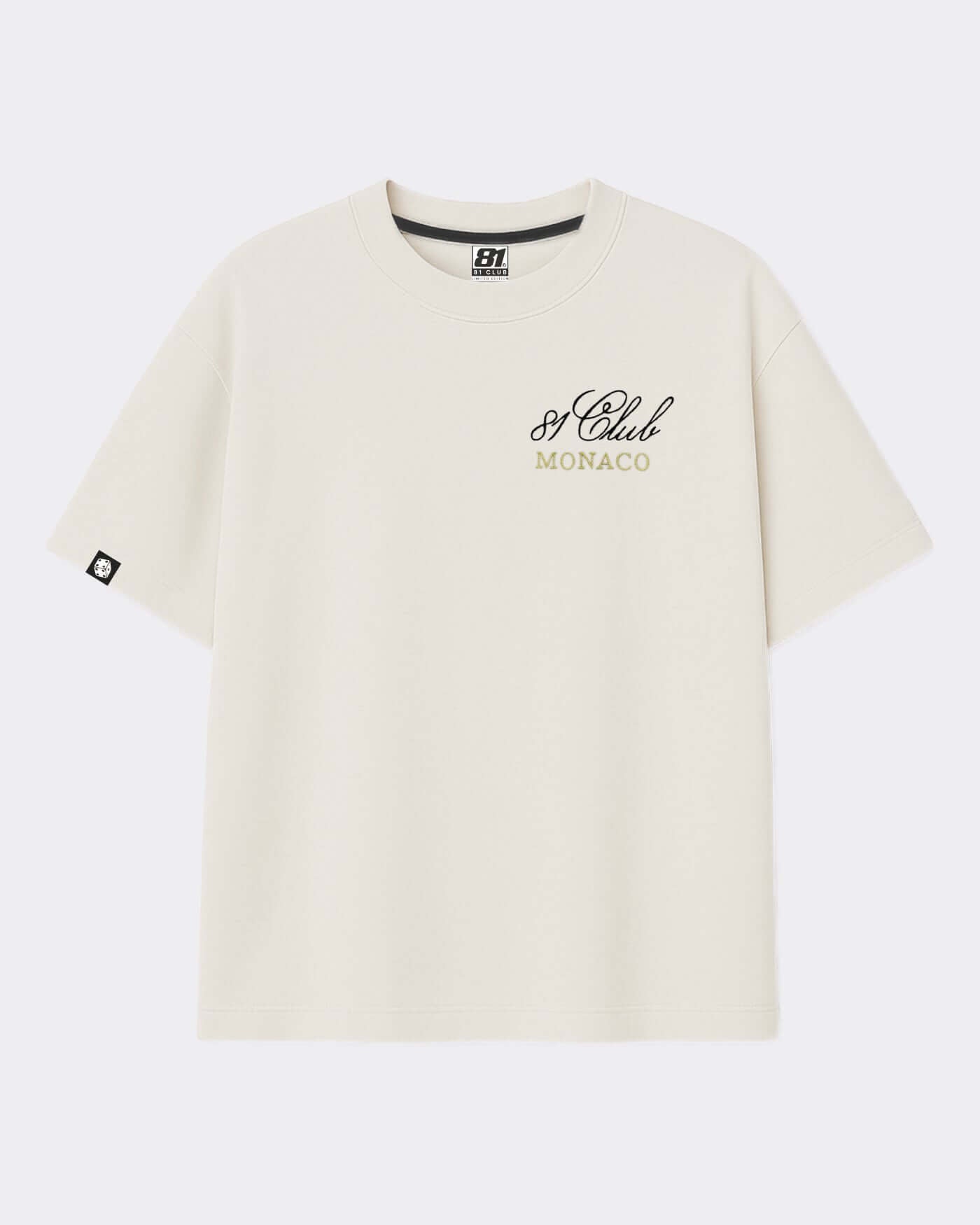 81 CLUB Monaco oversized T-Shirt in off white with elegant embroidery, limited edition, unisex design, ribbed neck collar.