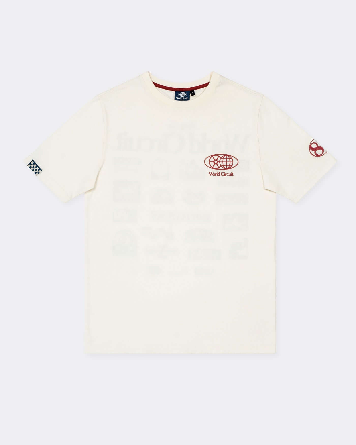 World Circuit T-Shirt - Off White featuring globe emblem, ribbed collar, and international sponsor graphics.
